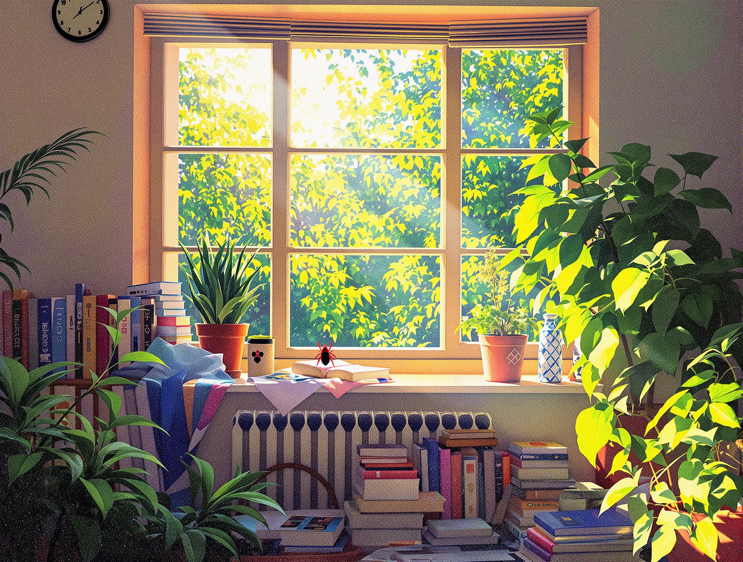 Décor moderne, rebord de fenêtre avec tache rouge insecte, lumière pointilliste