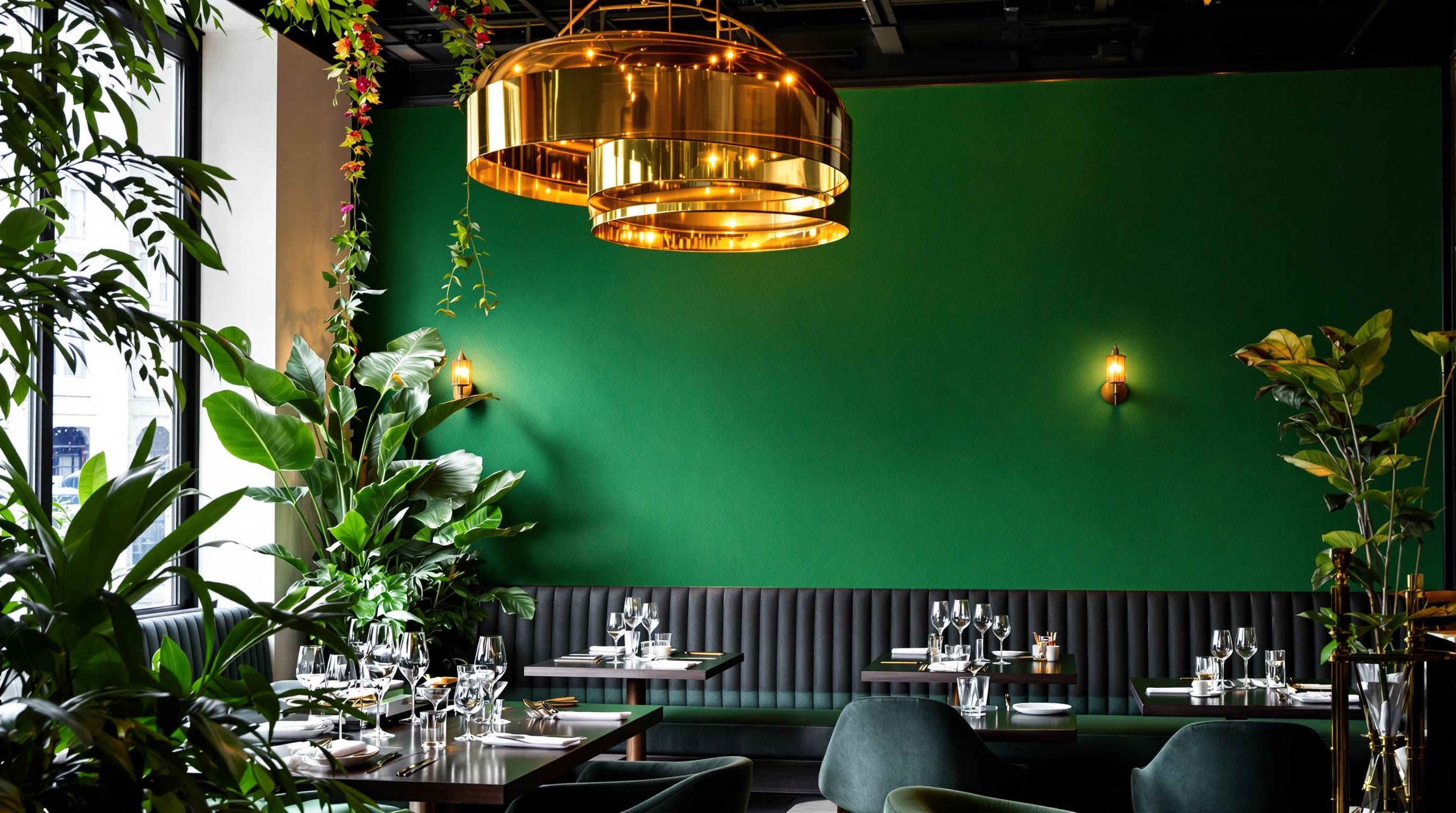 Décor intérieur du restaurant Noûsh Paris avec mur texturé vert émeraude, plantes luxuriantes et grand luminaire doré