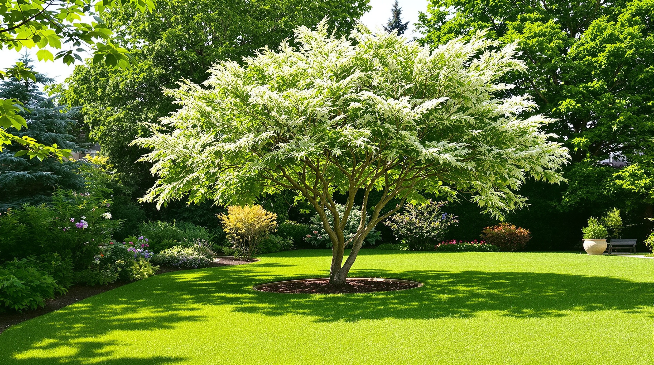 Albizia isolé en situation idéale dans un jardin contemporain