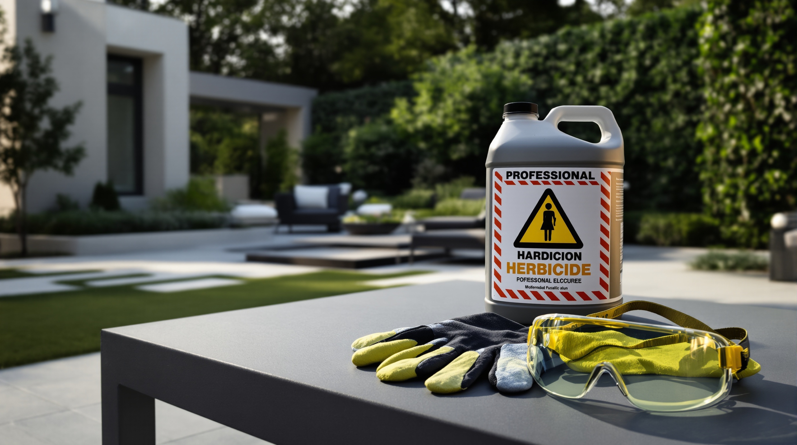 Bidon de désherbant professionnel avec avertissement et équipement de protection