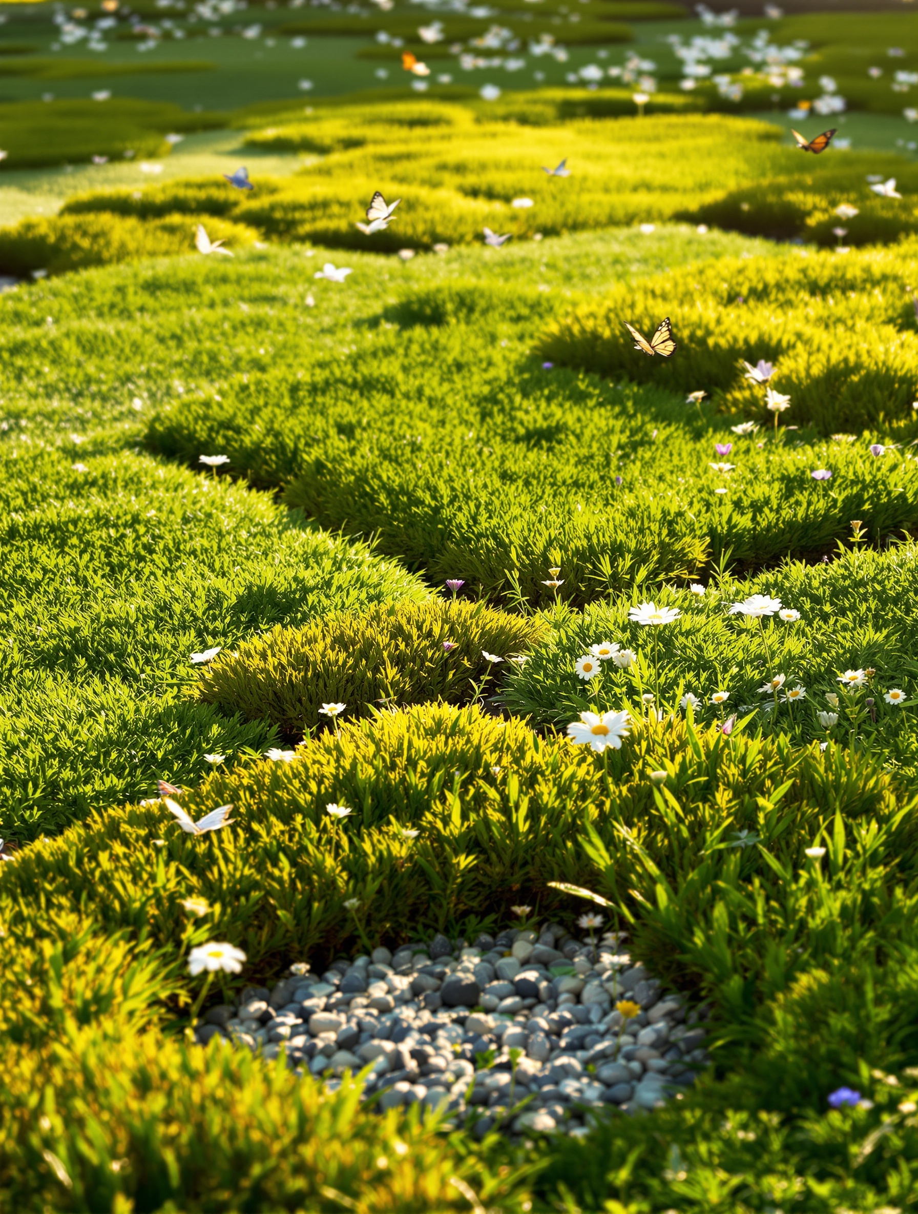 Pelouse artistique et vivante, papillons, traces de pas humains, lumière dorée