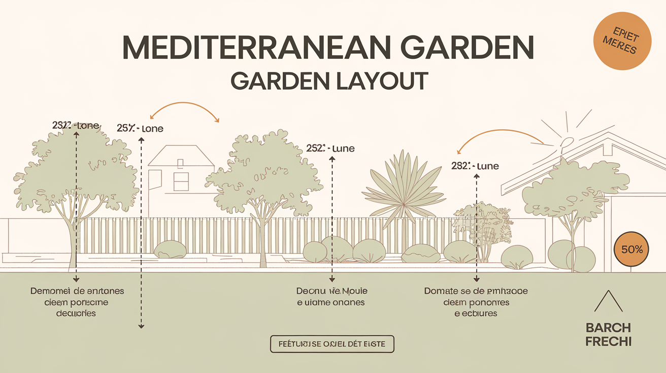 Distances réglementaires entre un pin parasol, la maison et la clôture du voisin dans un jardin méditerranéen.