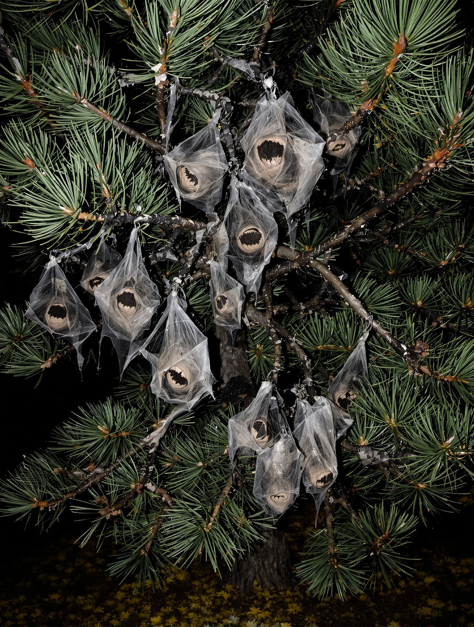 Pin parasol infesté : nids de processionnaires, branches collantes, fumagine noire et aspect négligé.