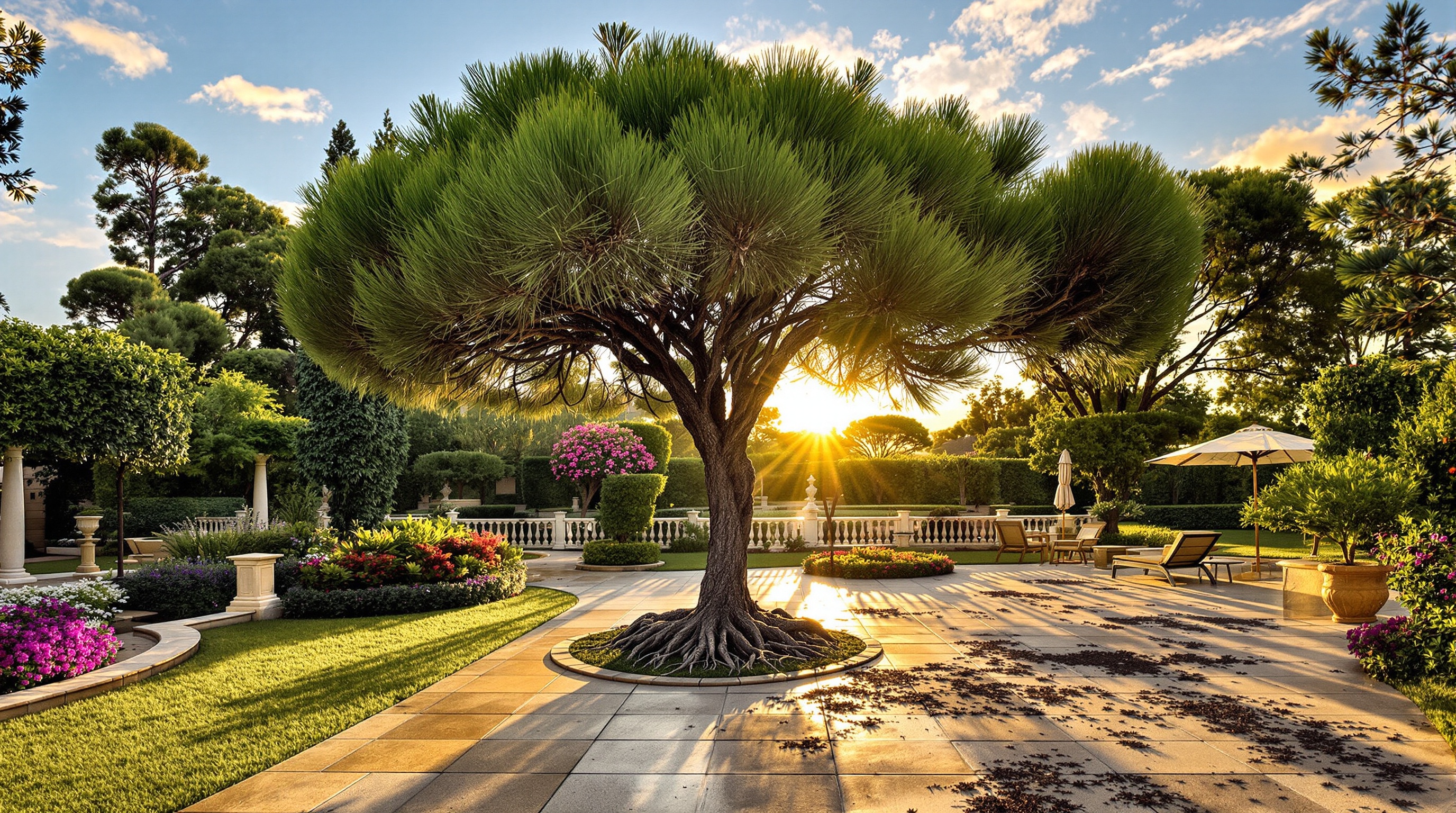 Jardin méditerranéen avec pin parasol, transition vers racines destructrices et nuisances.