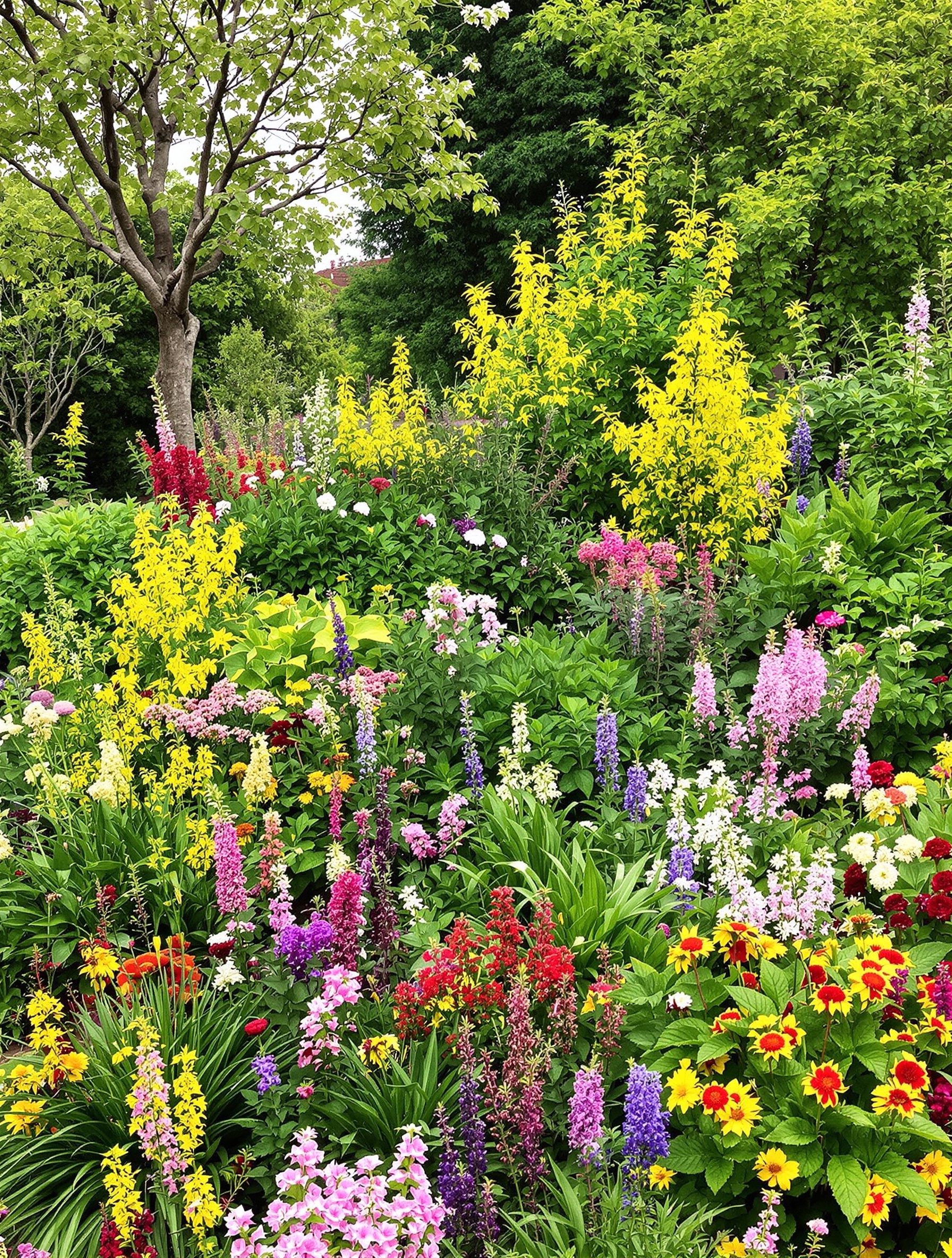 jardin printanier avec une diversité de plantes vivaces aux formes et couleurs variées