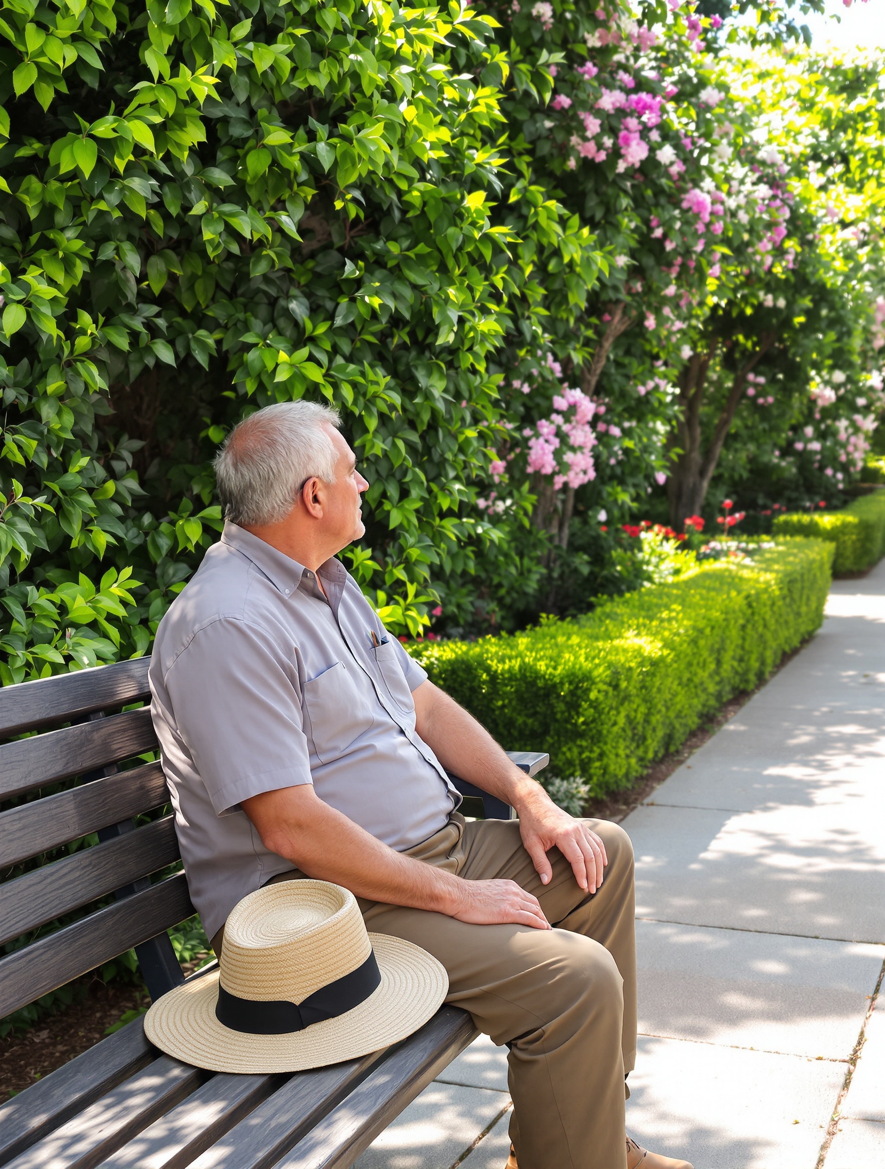 Jardinier contemplant son jardin parfaitement entretenu, ambiance paisible