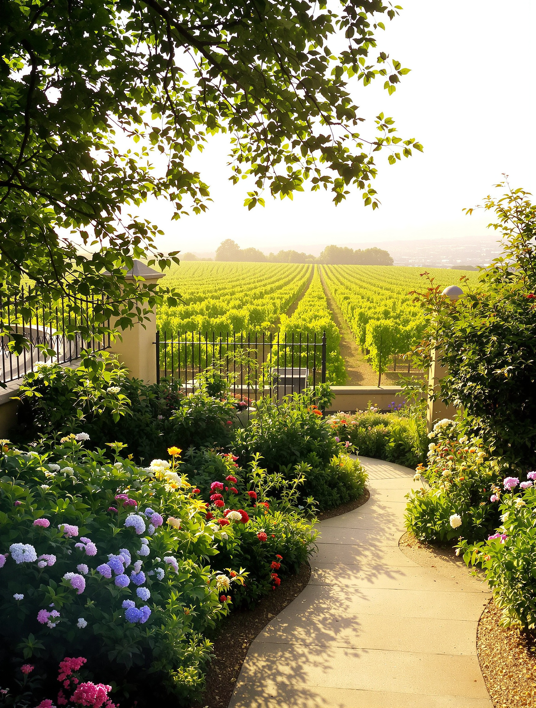 Vue paisible des Jardins Renoir au Musée de Montmartre avec en arrière-plan les vignes du Clos Montmartre