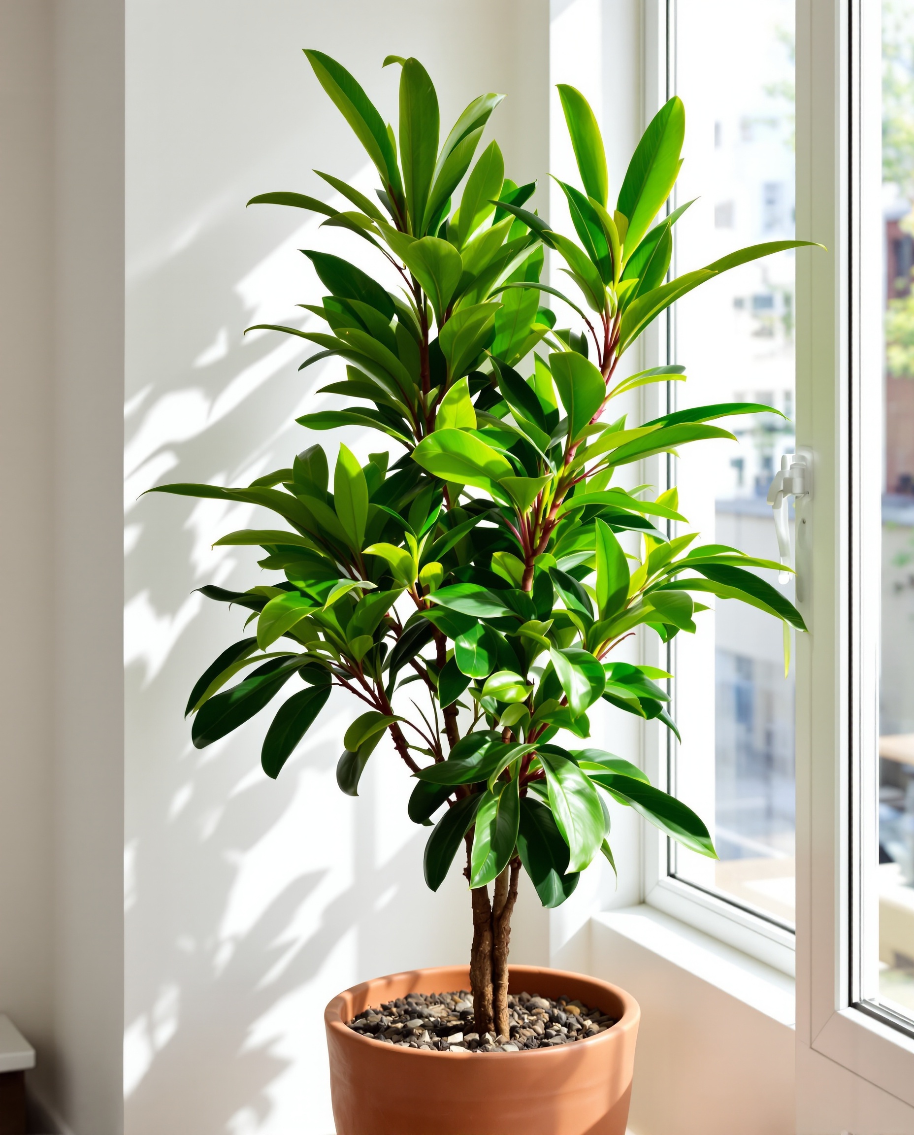 Un jeune manguier luxuriant en pot design devant une fenêtre lumineuse