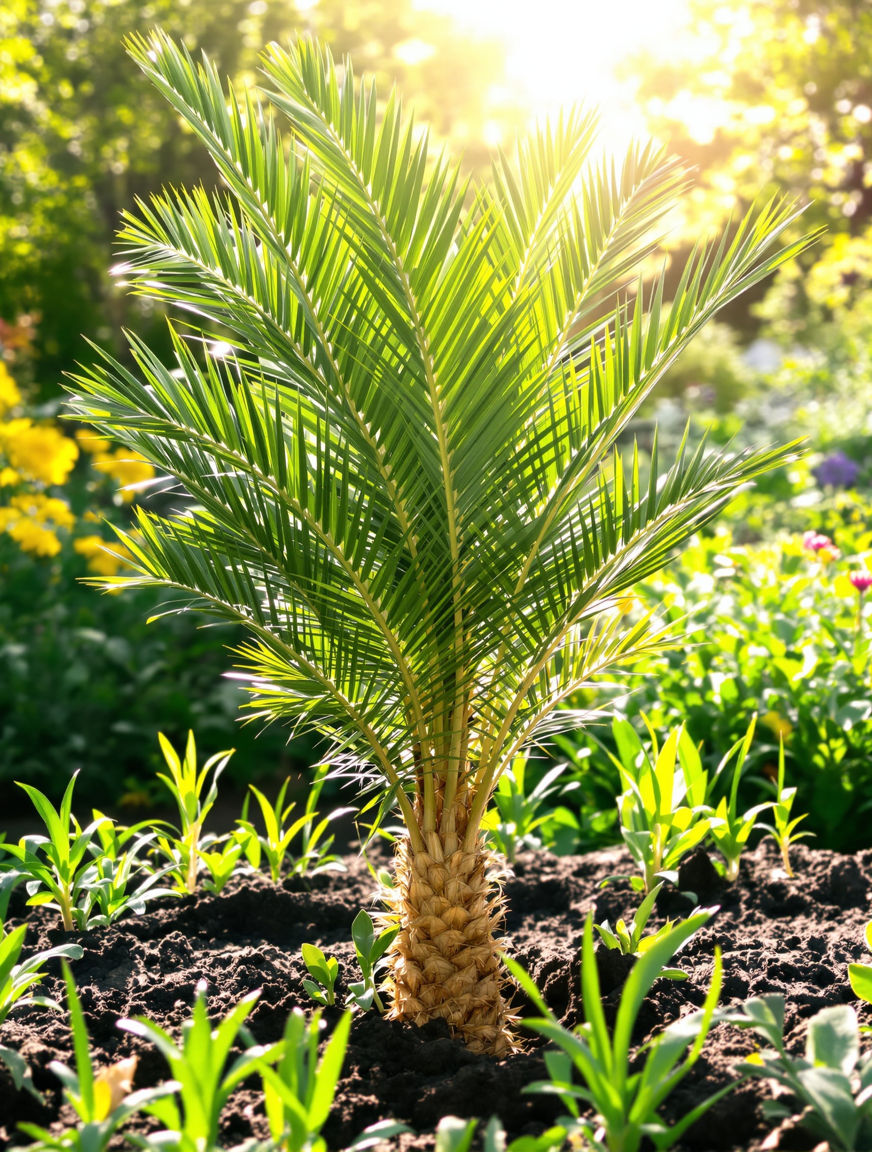 Un jeune palmier prêt à être planté dans un jardin printanier ensoleillé, avec des jeunes pousses vertes autour.