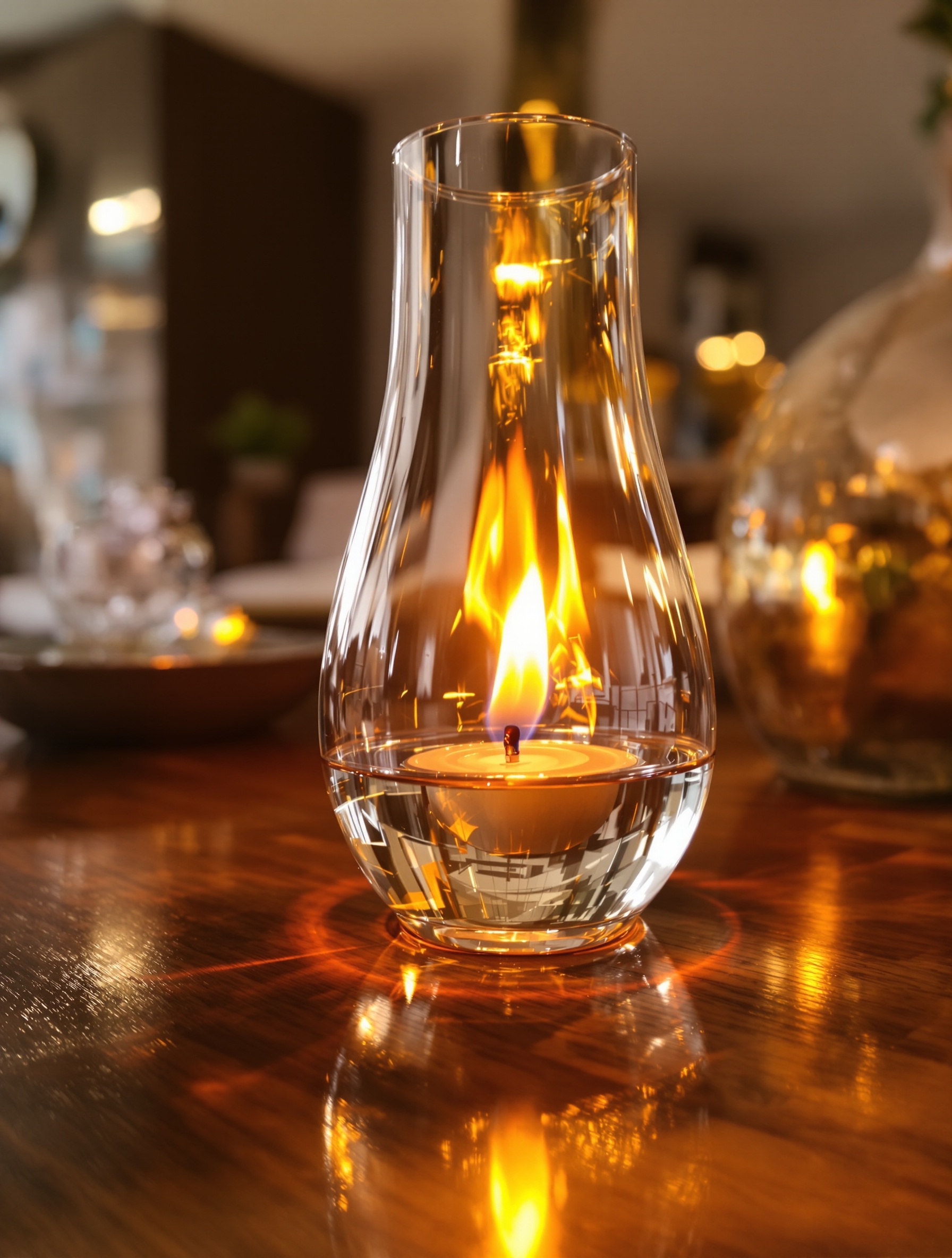 Lampe à huile en verre transparent reflétant la flamme sur une table