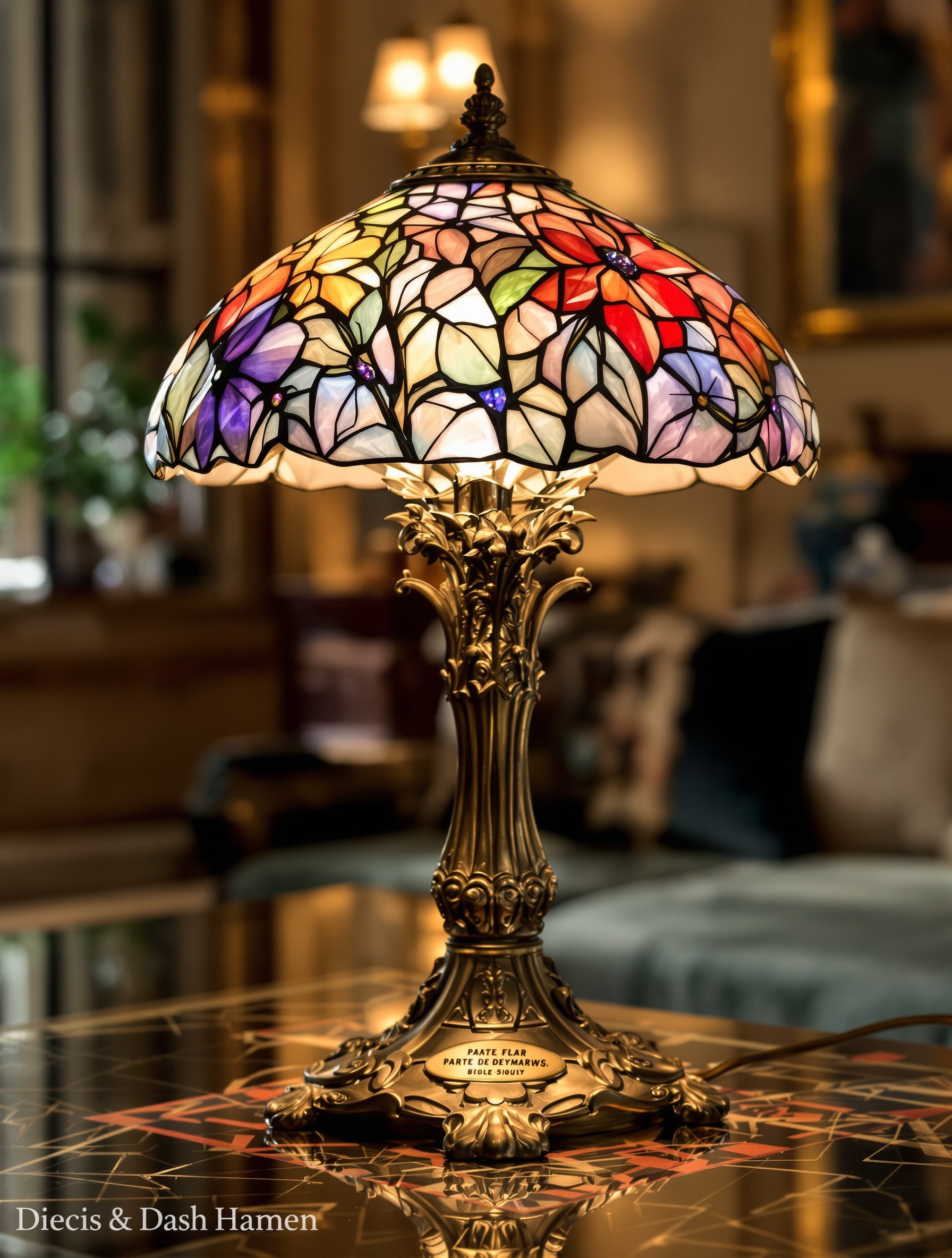Lampe pâte de verre champignon décor floral pied bronze signature