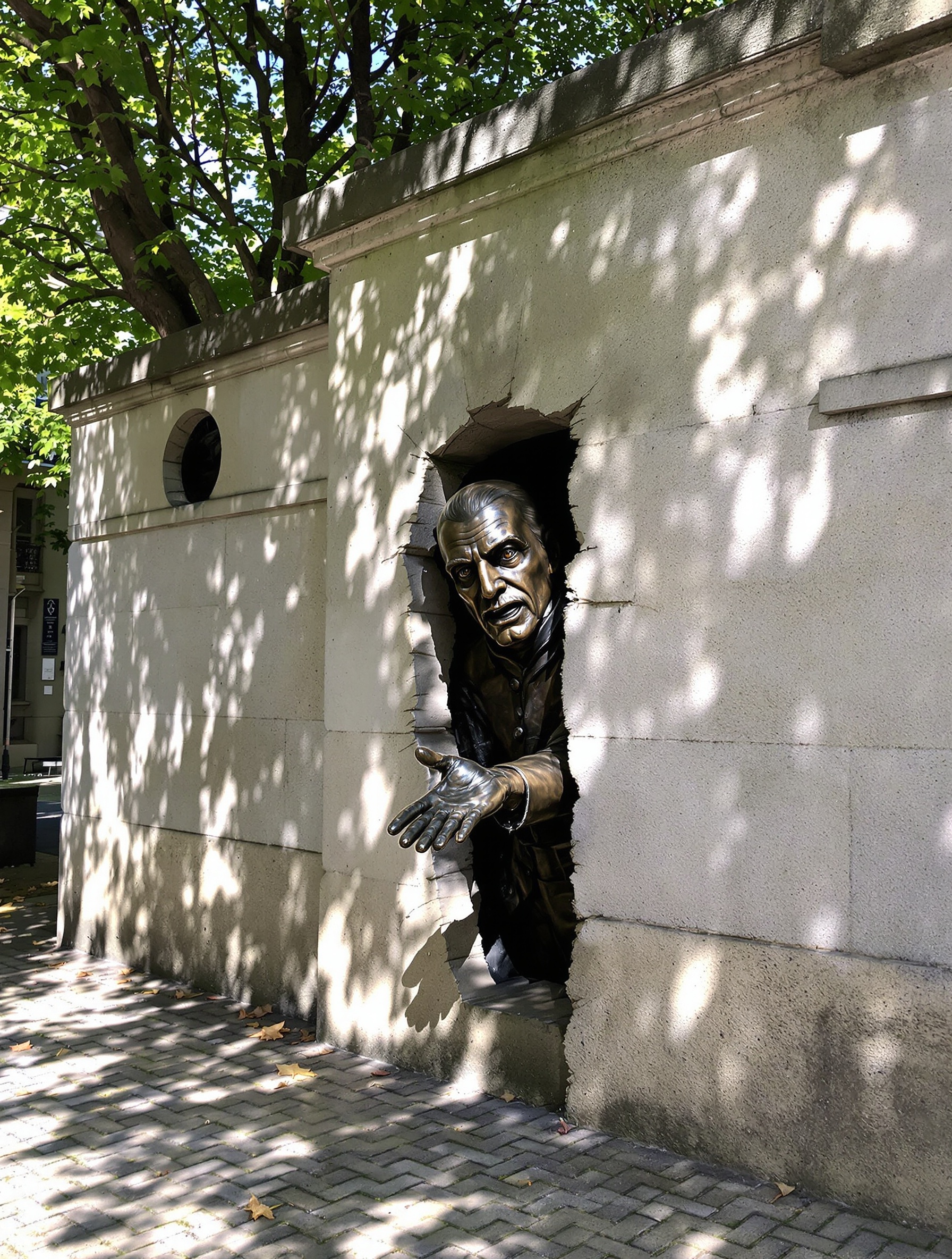 Sculpture du Passe-Muraille par Jean Marais à Montmartre : Dutilleul jaillissant d’un mur de pierre, atmosphère magique et littéraire.
