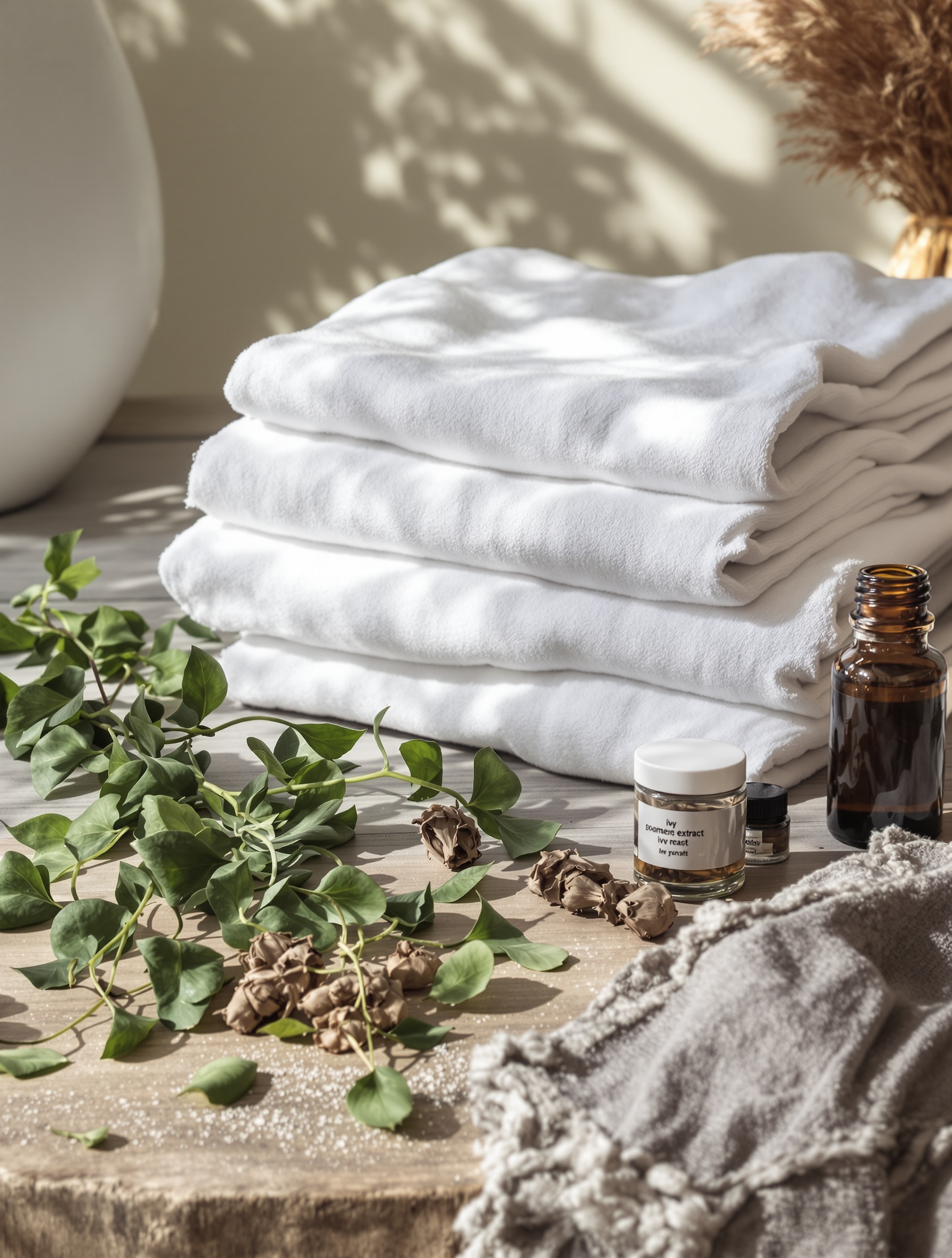 Ambiance épurée : linge blanc, extrait de lierre maison, racines de saponaire et feuilles fraîches, lumière naturelle. Accent santé, écologique et économique.