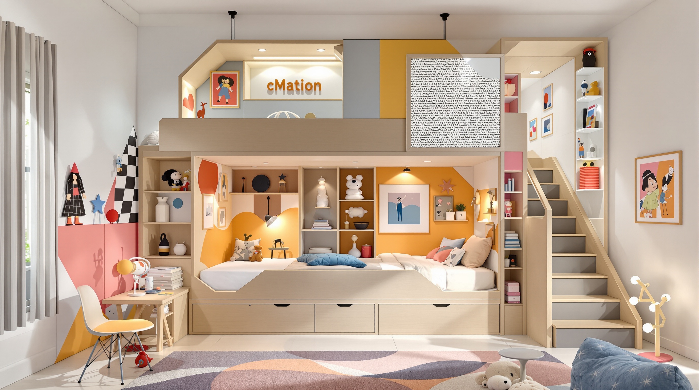 Exemple de lit superposé au design original et fonctionnel pour une chambre d'enfant, intégrant des rangements et des éléments décoratifs personnalisés.