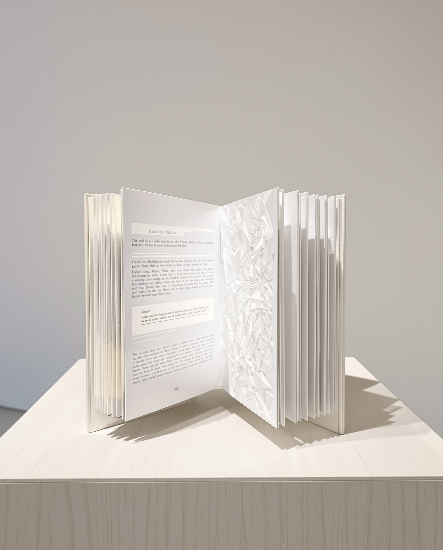 Livre d'artiste exposé à la Galerie Keller : reliure inventive et pages texturées sous lumière douce.