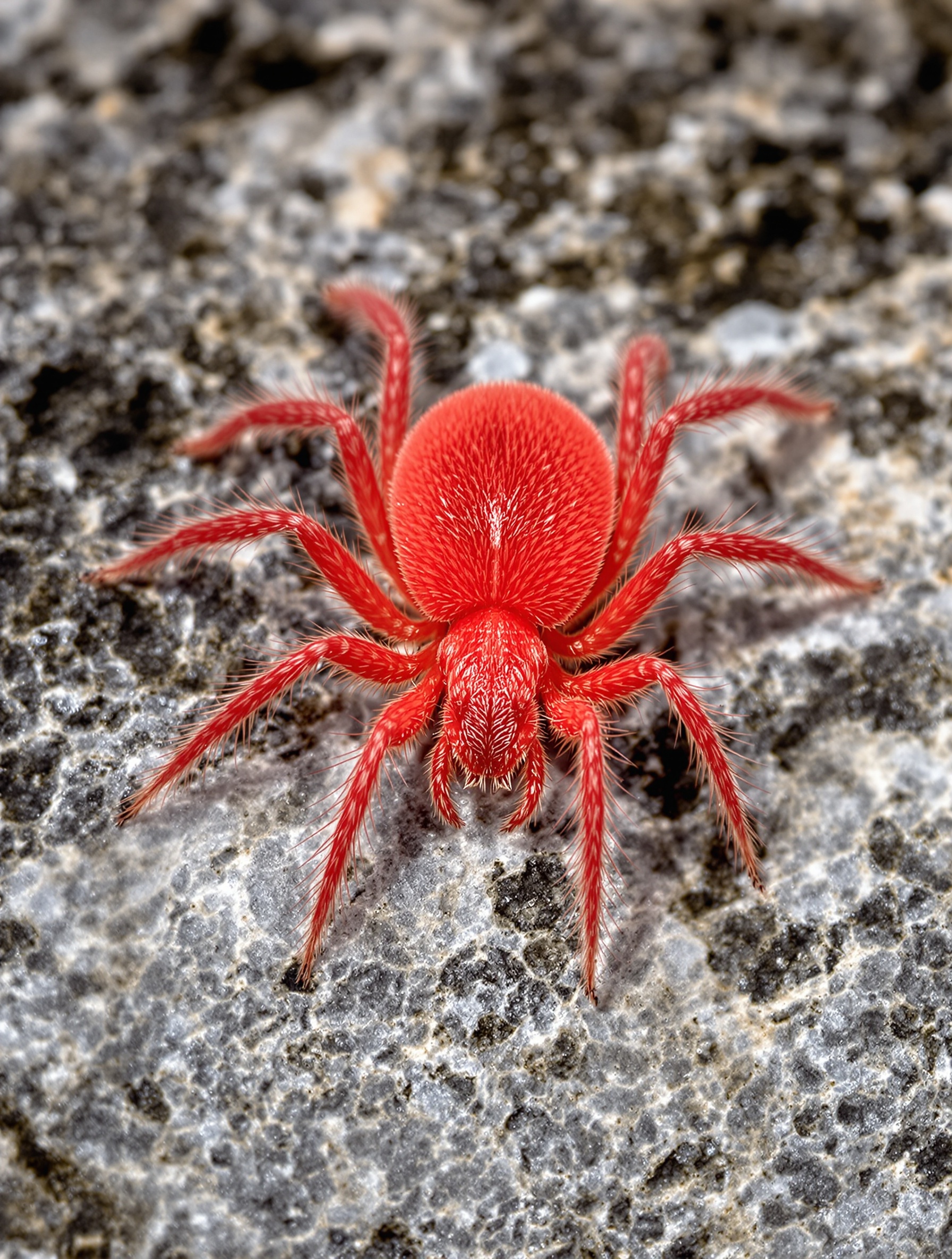 Macro acarien rouge sur pierre grise