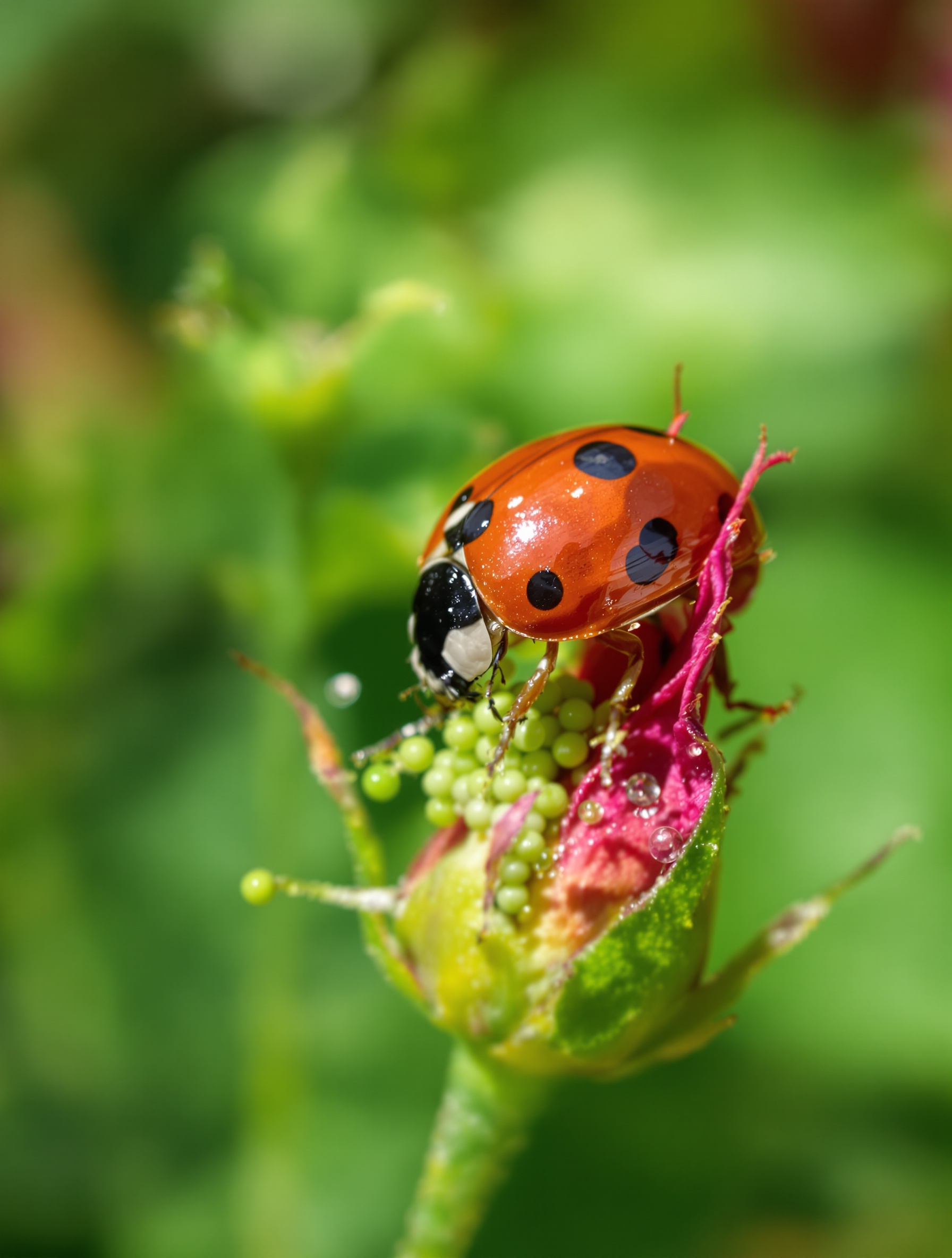 Coccinelle mangeant des pucerons sur une rose dans un environnement naturel élégant.