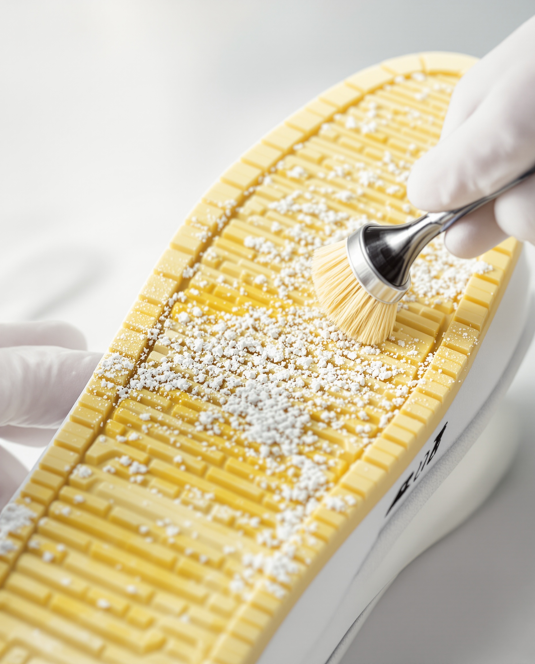 macro percarbonate semelle jaune gants blancs clinique minimaliste