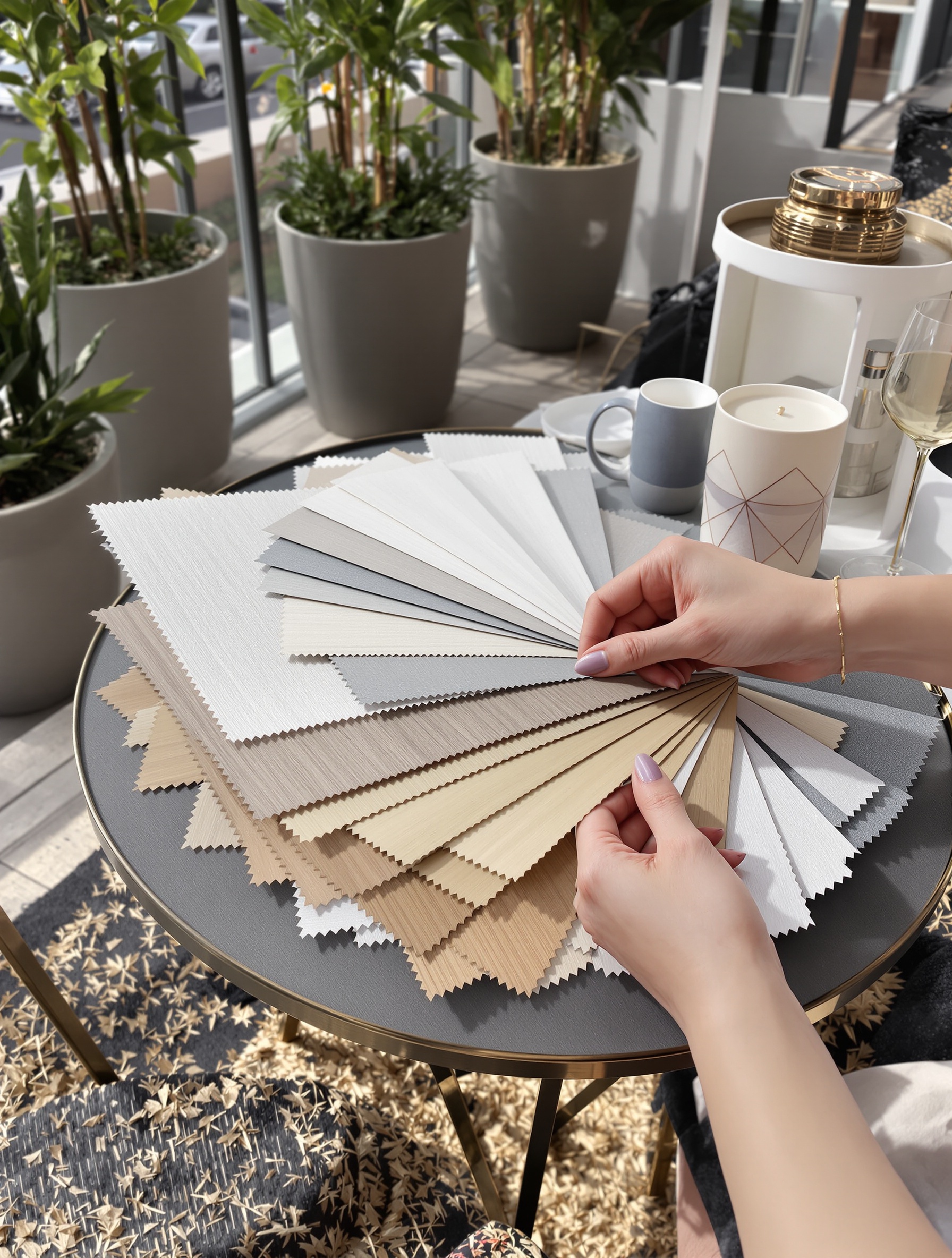 Main féminine feuilletant des échantillons matériaux balcon pots fleurs réflexion décorative chic