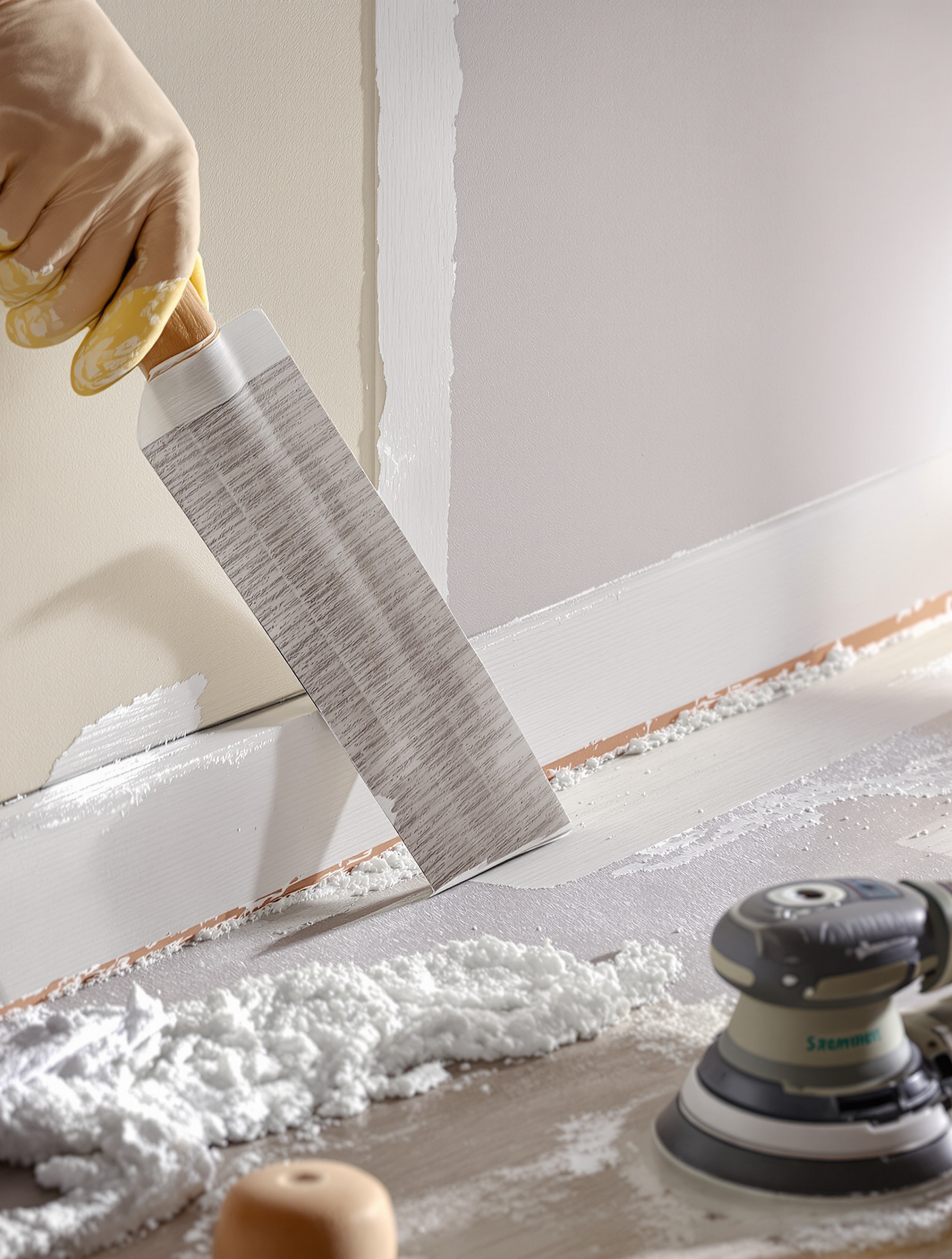 Application délicate d'une bande à joint sur plaques de plâtre, avec les outils à portée.