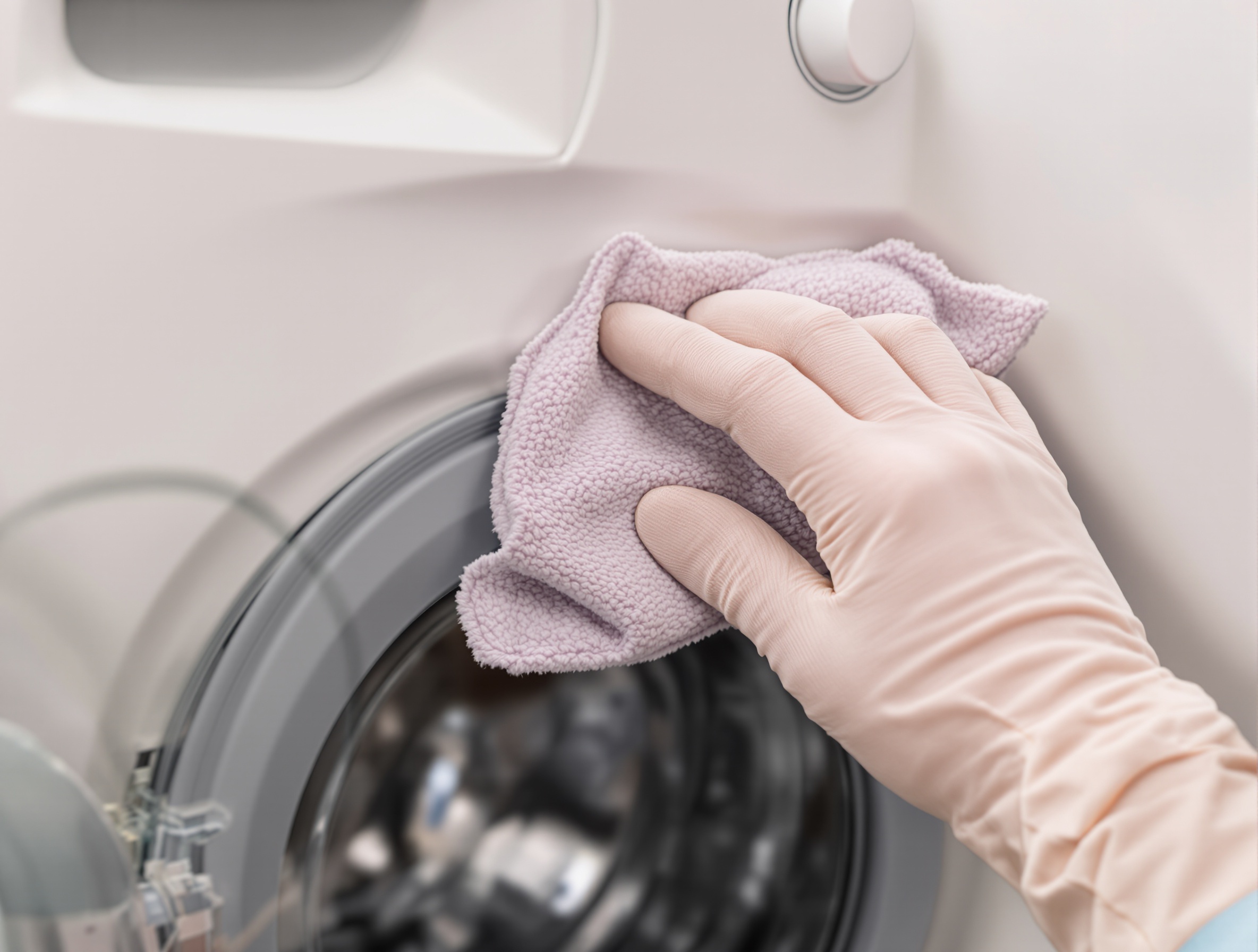 Nettoyage du joint en caoutchouc du hublot d'une machine à laver avec un chiffon microfibre.