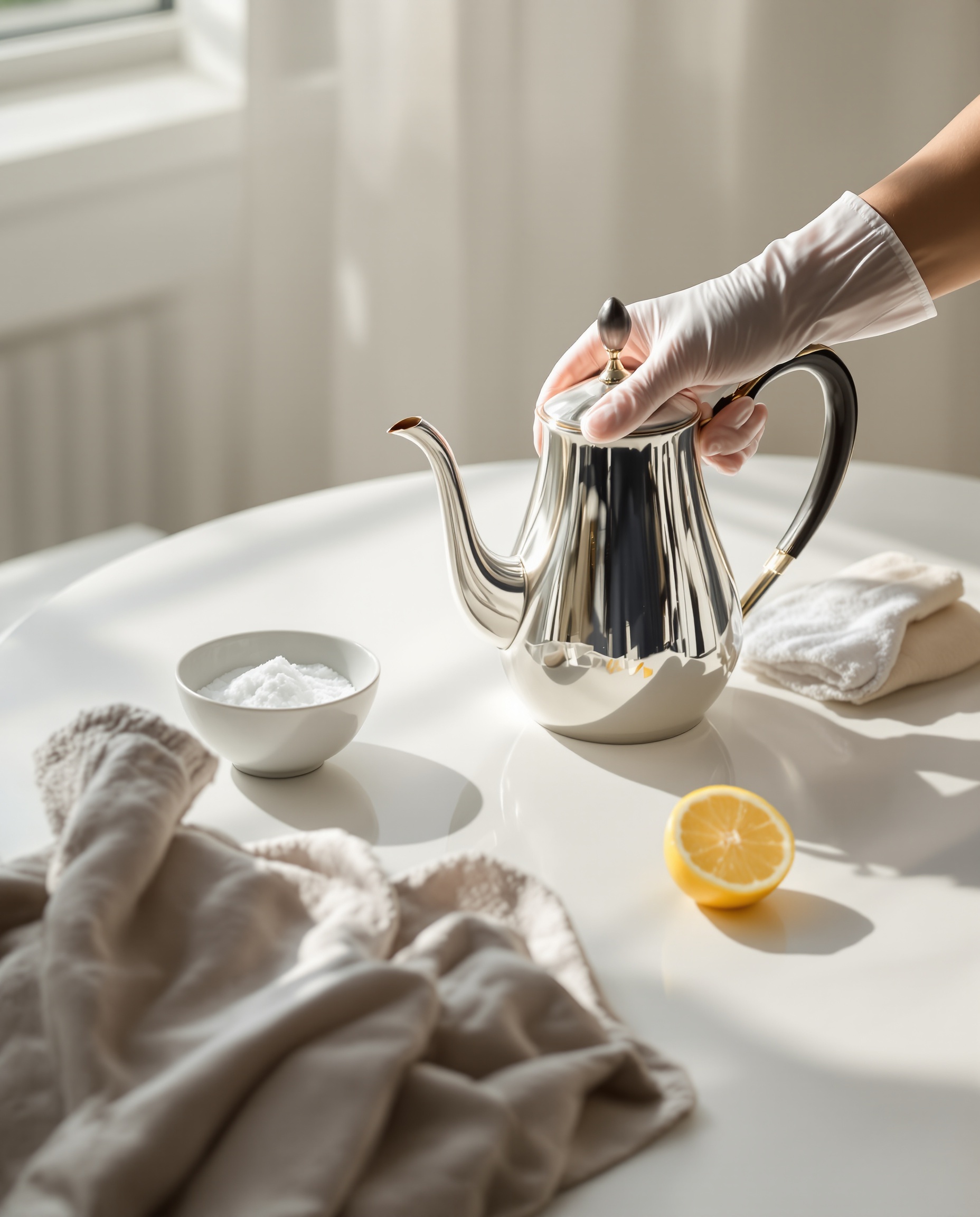 Nettoyage écologique d'une théière en argent, ambiance élégante et lumineuse