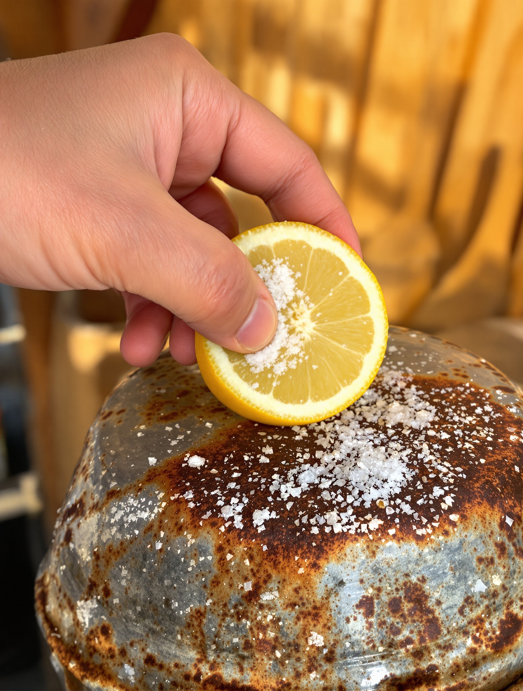 Application de jus de citron et de sel sur une tache de rouille sur un objet métallique.