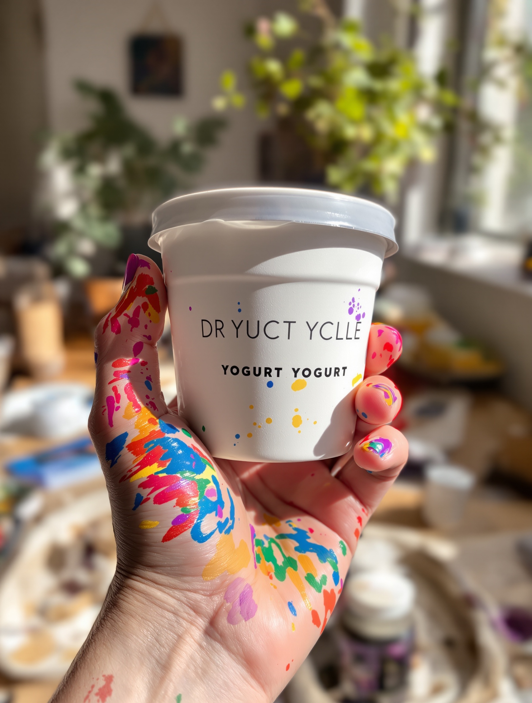 Main tachée de peinture tenant un pot de yaourt customisé façon objet déco.