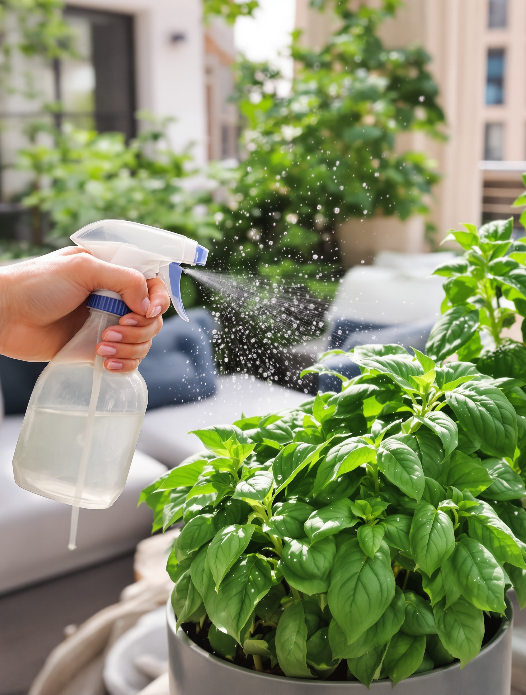 Vaporisation chic d'un spray maison sur basilic urbain