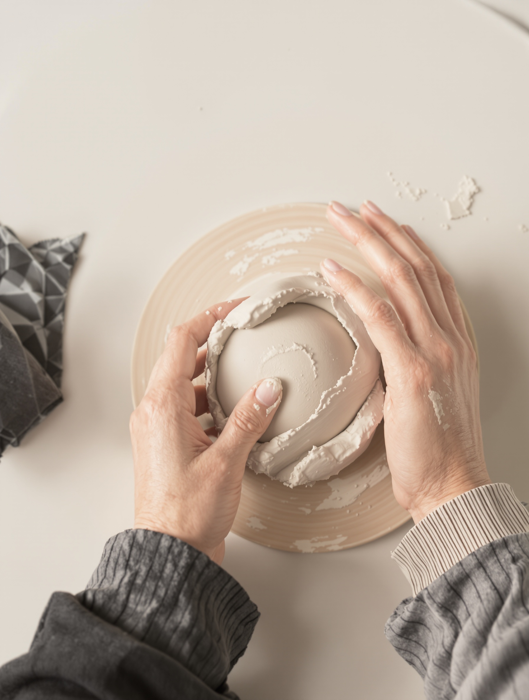 Mains d'adulte réalisant une poterie élégante en argile autodurcissante.