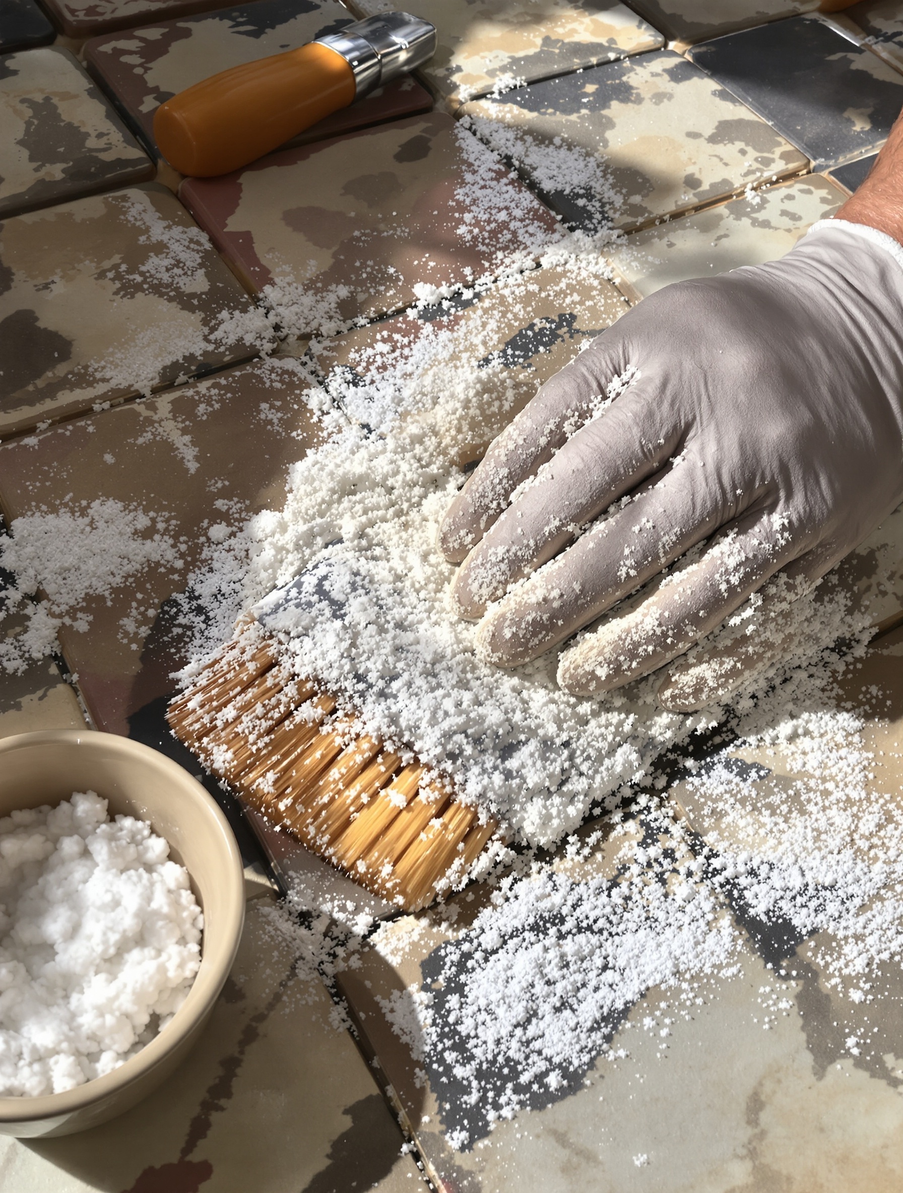 Décapage carrelage très encrassé avec gants et brosse