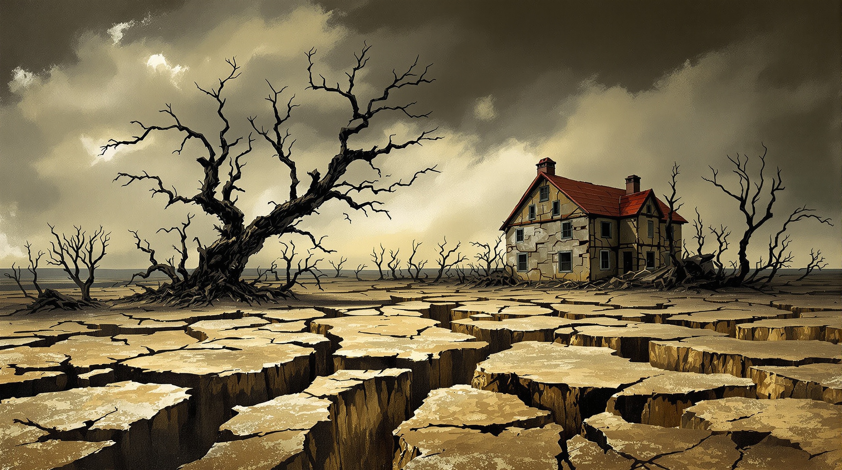 Maison frappée par catastrophe naturelle sècheuse expressionnisme
