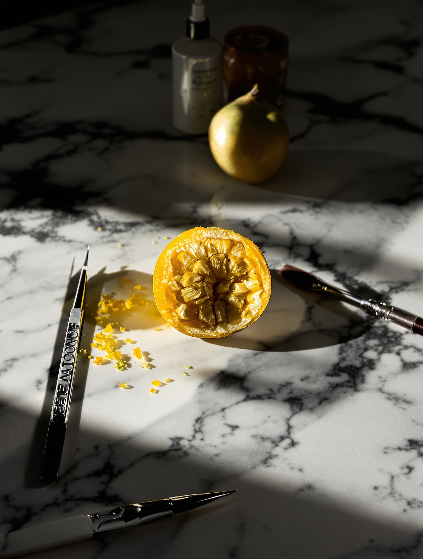 Préparation artistique du noyau de mangue sur fond design