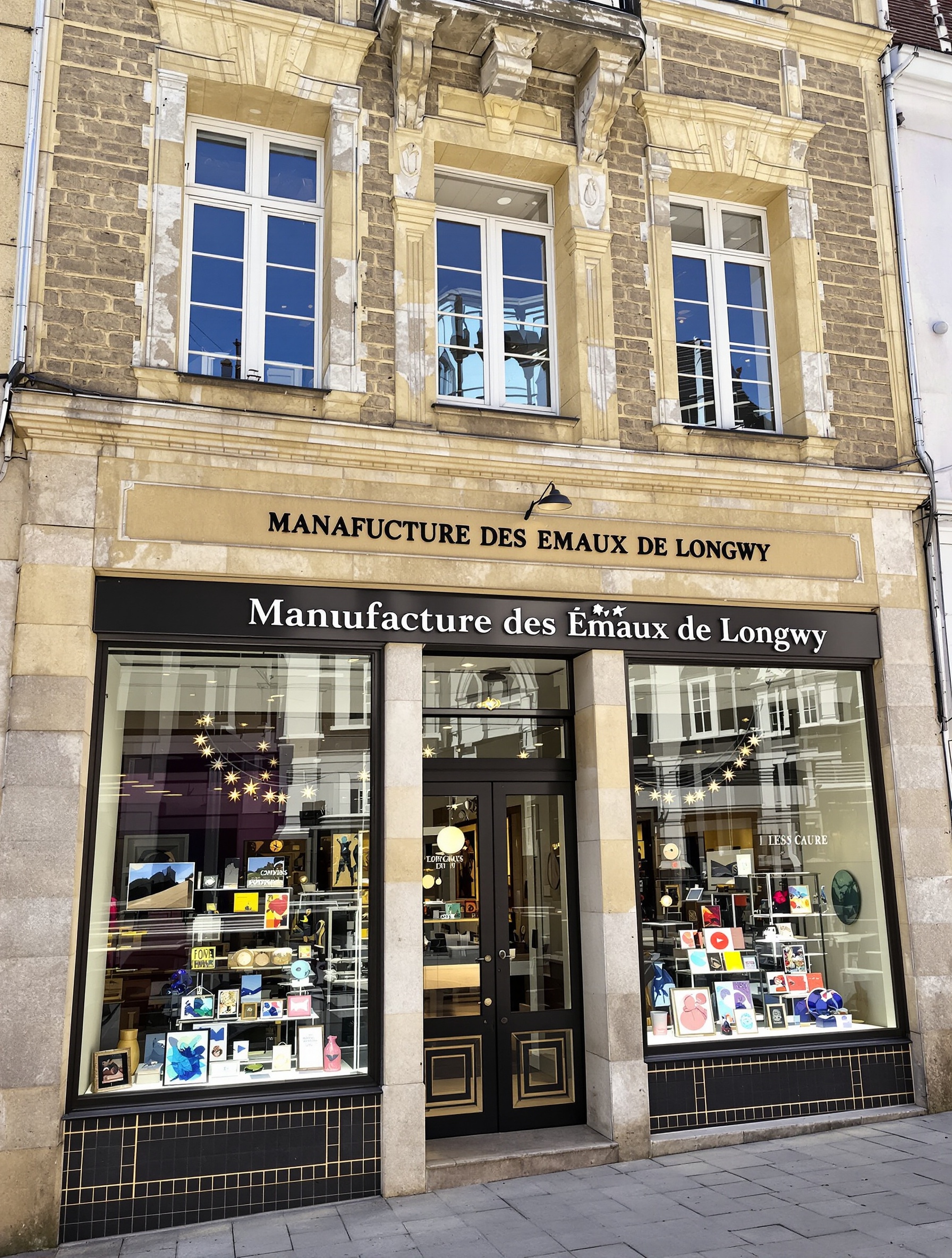 Vue extérieure de la Manufacture des Émaux de Longwy, un bâtiment historique où le savoir-faire ancestral perdure à travers des créations contemporaines inspirées des styles Art nouveau et Art déco.