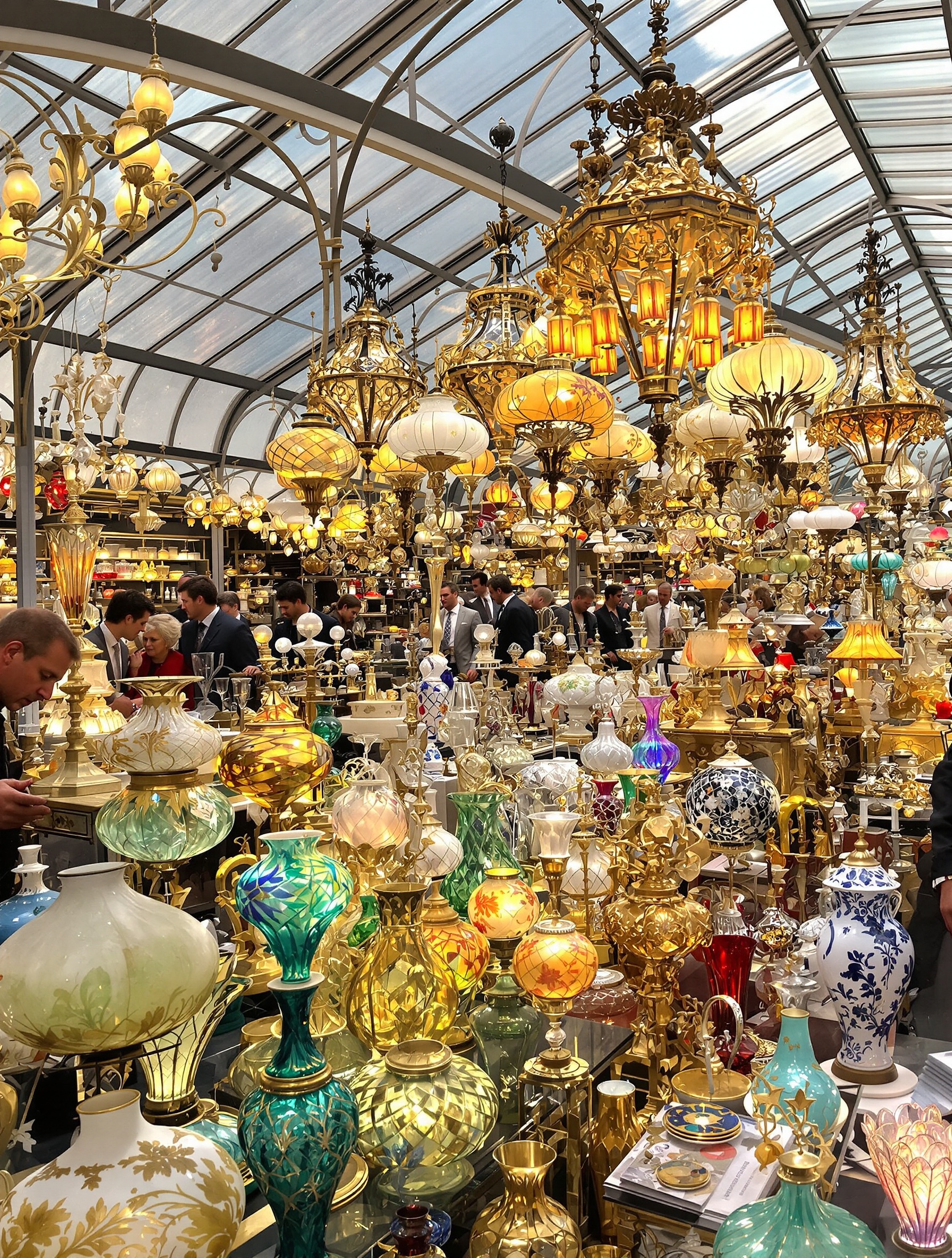 Marché brocante chic lampes pâte de verre clients inspectant