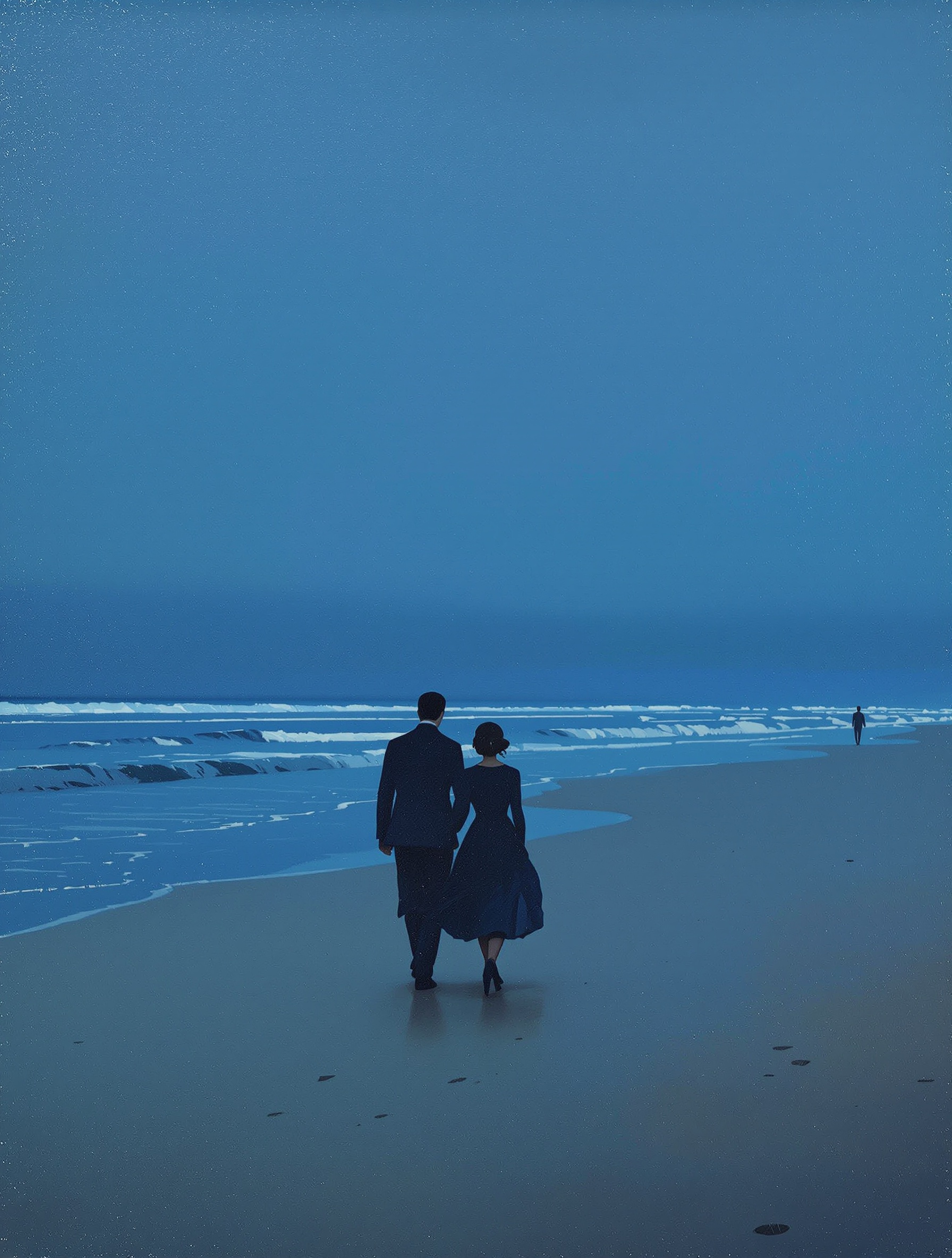 Marie et Peder Krøyer, deux silhouettes élégantes se détachant sur le bleu crépusculaire de la plage de Skagen. Une promenade silencieuse où la mélancolie de l'heure bleue semble envahir l'espace entre eux.