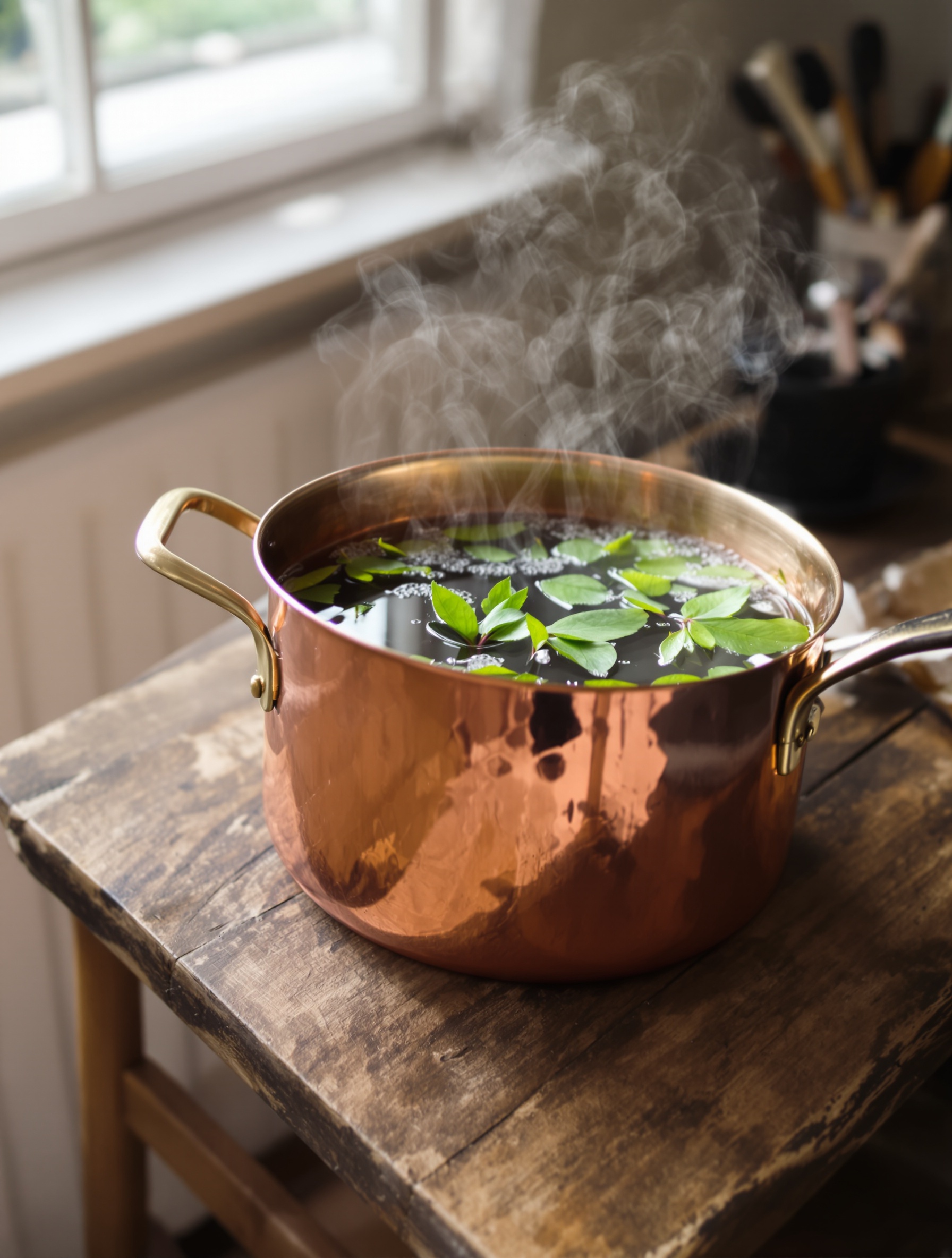 Une marmite en cuivre contenant une décoction frémissante de feuilles de lierre, illustrant la préparation simple et authentique de la lessive maison végétale.