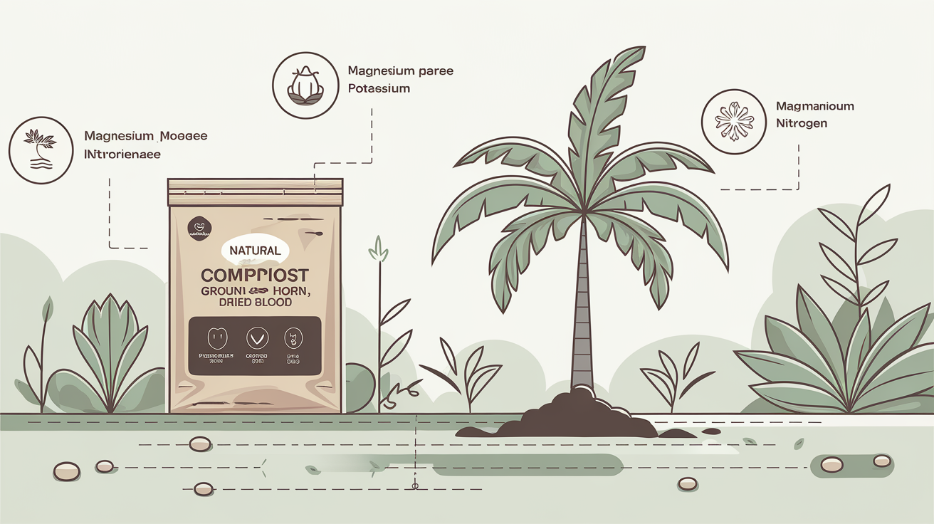 Engrais naturels magnésium potassium sac compost corne broyée sang desséché pour palmier.
