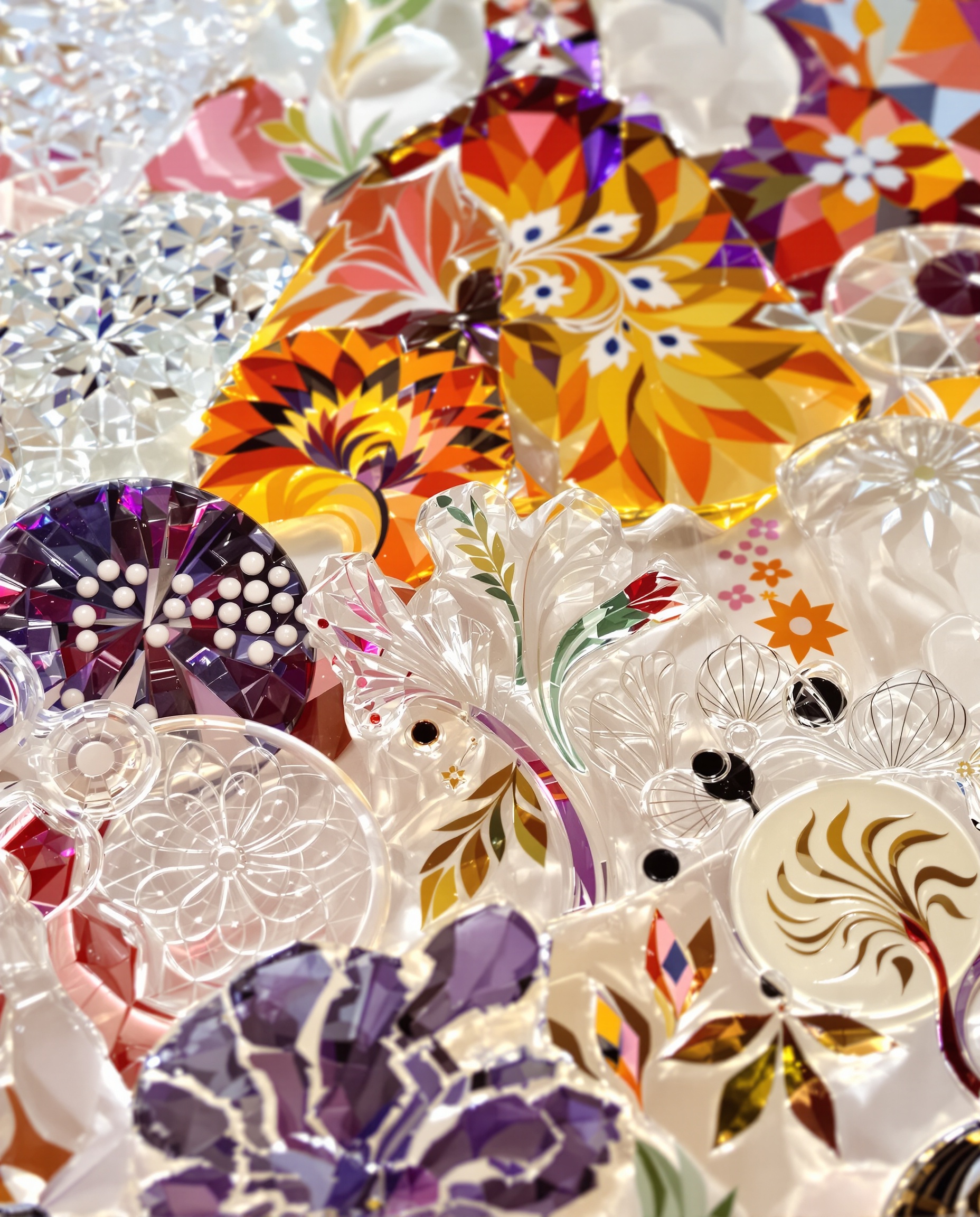 Détails motifs pâte de verre fleurs géométrie animaux stylisés