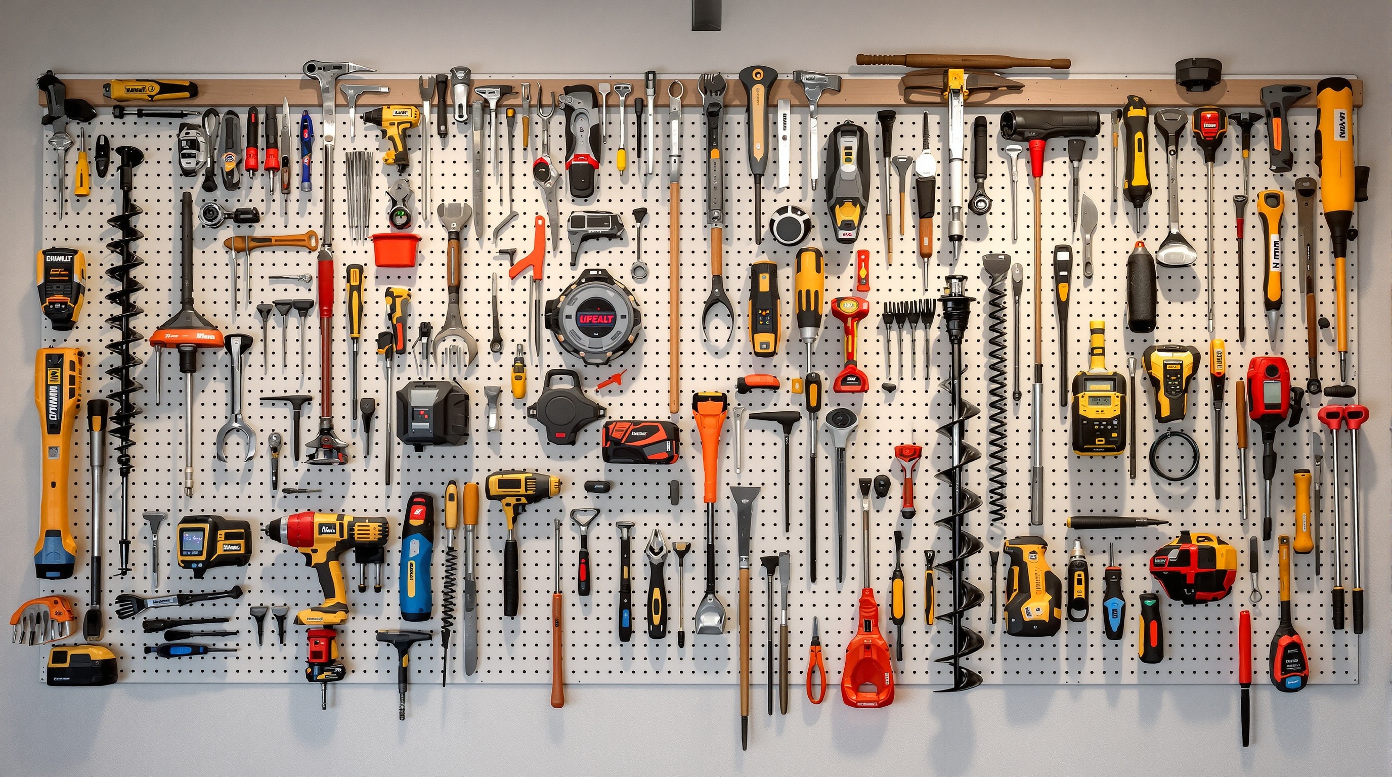 Mur de garage organisé façon cabinet de curiosités moderne outils courants spécifiques tarière télémètre laser