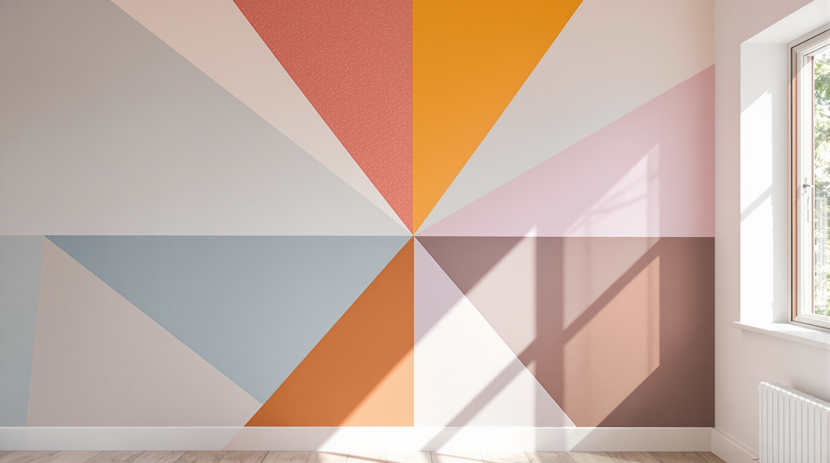 Mur intérieur avec motifs triangulaires colorés et palettes variées