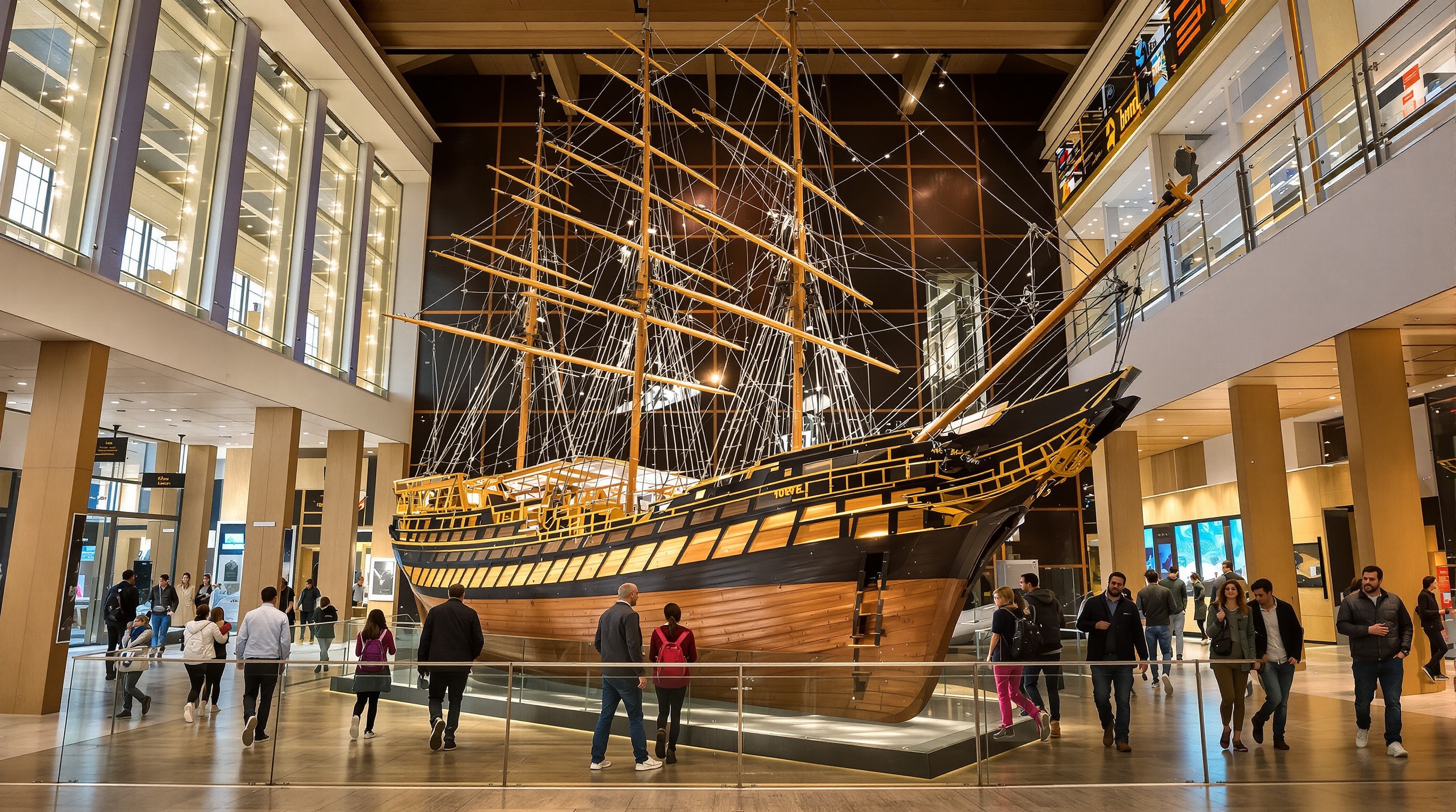 intérieur rénové et lumineux du Musée national de la Marine avec visiteurs modernes