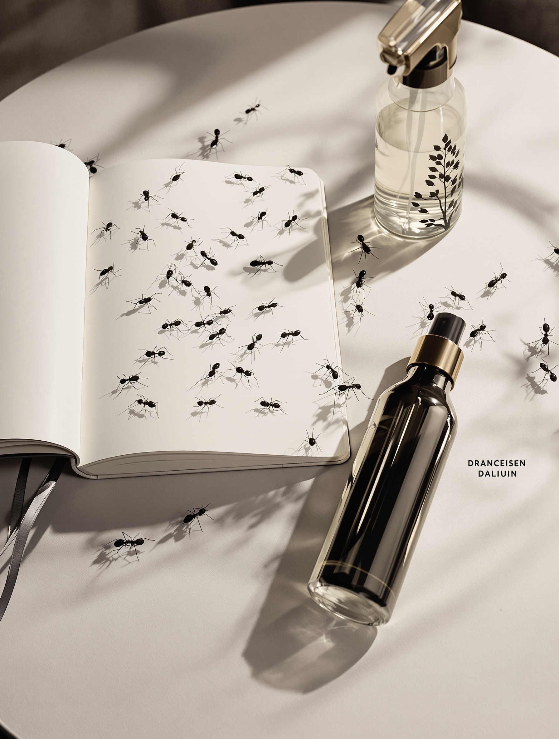 Nature morte contemporaine, carnet d'observation, fourmis volantes et vaporisateur design