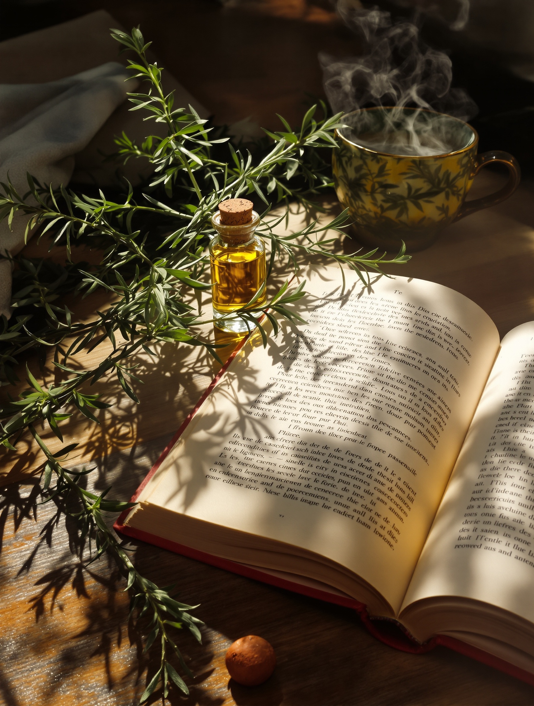 Nature morte poétique : brins de romarin, fiole d’huile essentielle, tasse d’infusion, livre ancien entrouvert, lumière rasante et ambiance studieuse.
