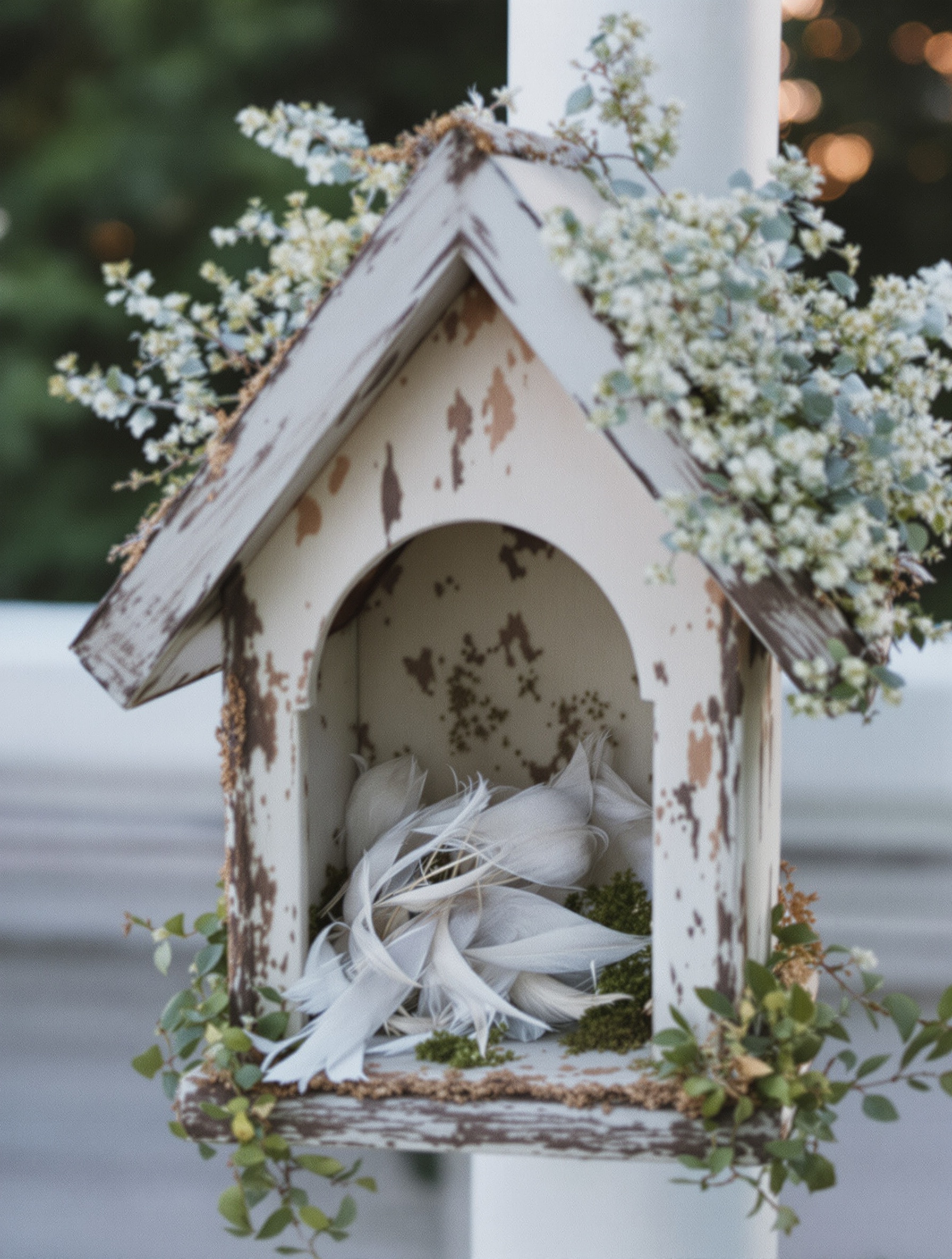 Nichoir vide avec restes de plumes au crépuscule, ambiance mélancolique.