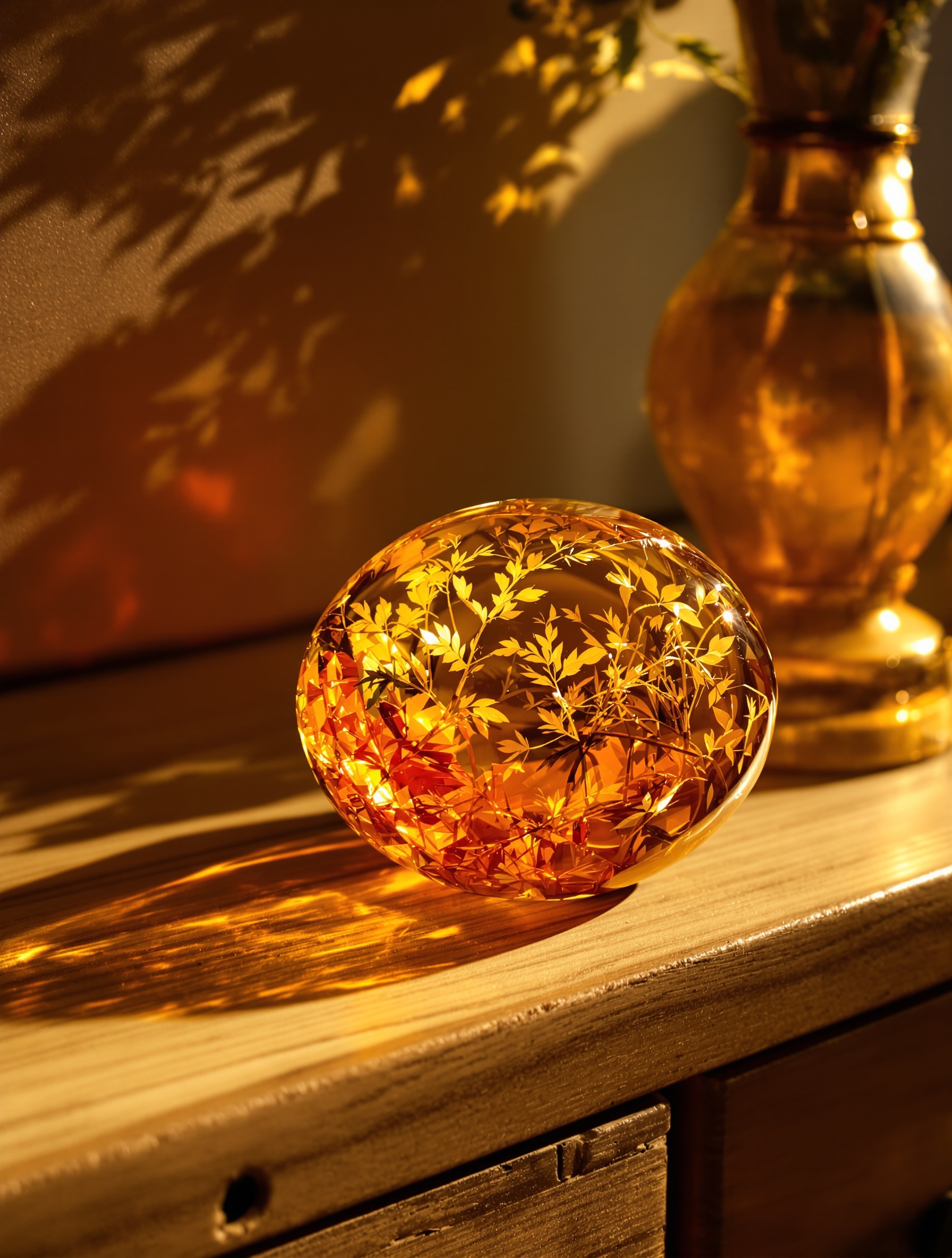 Objet décoratif en ambre de la Baltique sur console bois brut lumière chaude inclusions végétales