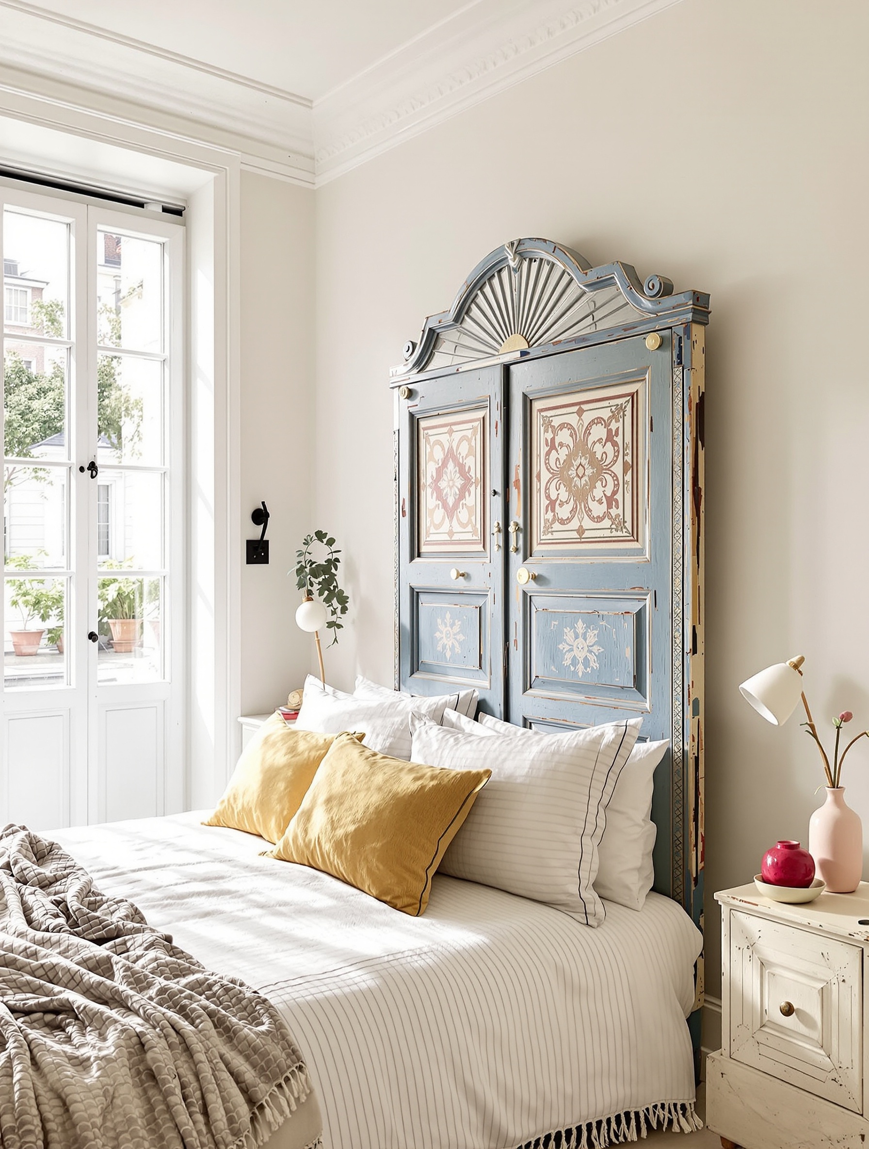 Objet détourné en tête de lit : paravent vintage et tapis bohème en chambre lumineuse