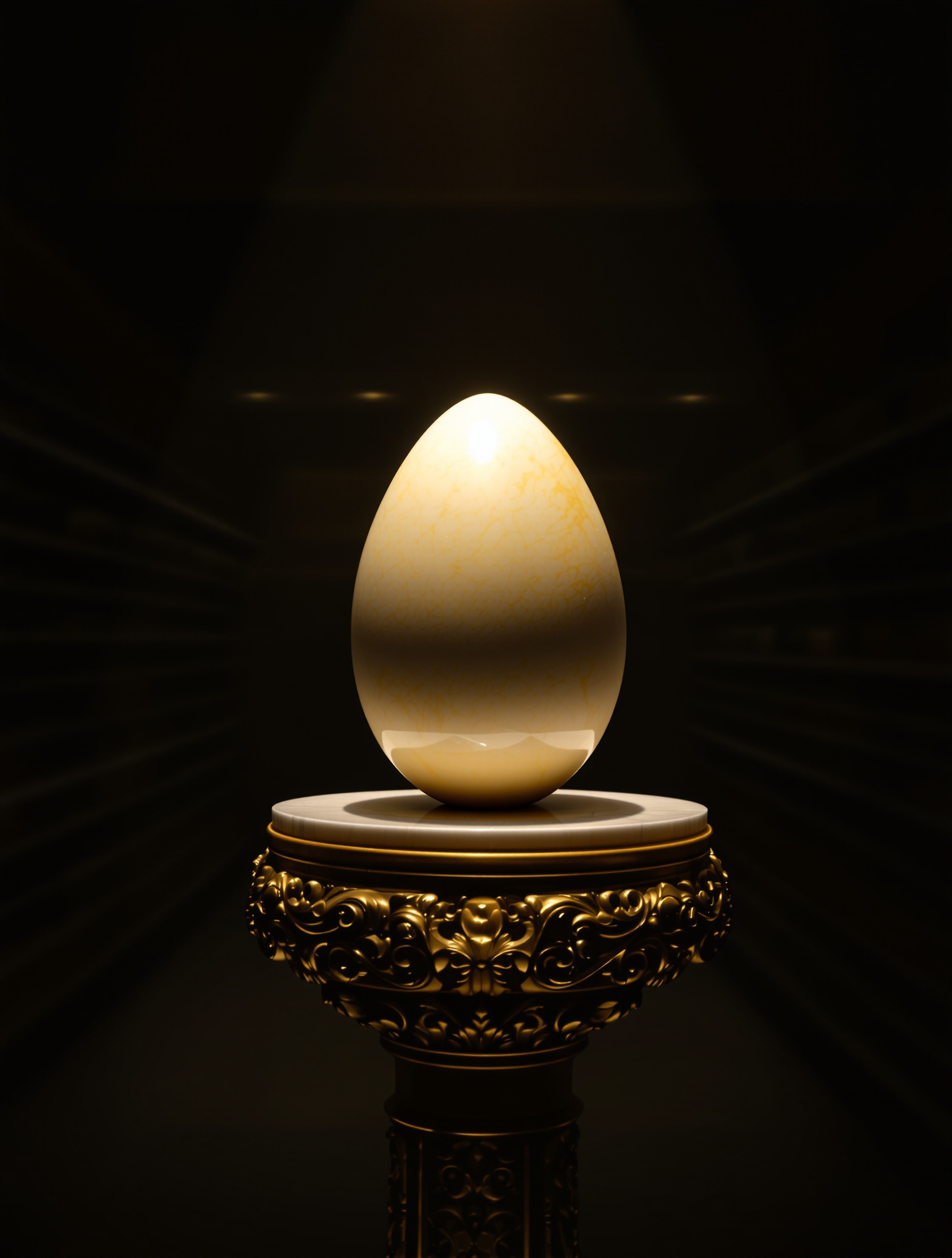 Œuf d'oie mis en scène sur piédestal dans une supérette vide