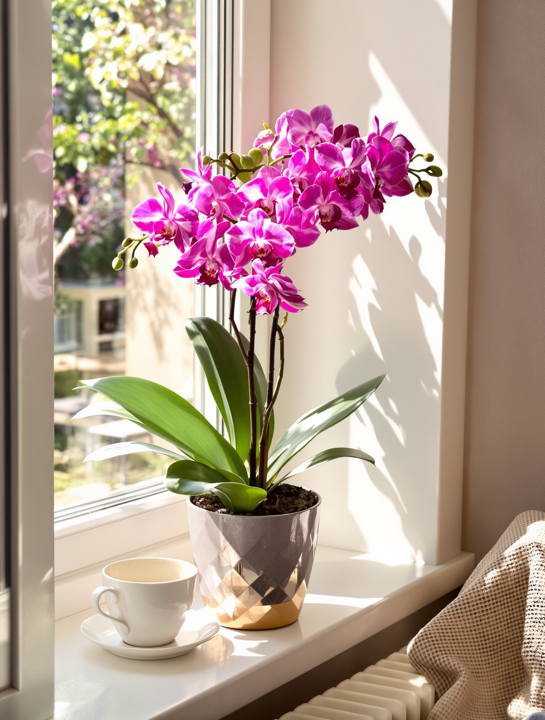Orchidée élégante et tasse d'espresso vide sur un rebord de fenêtre chic