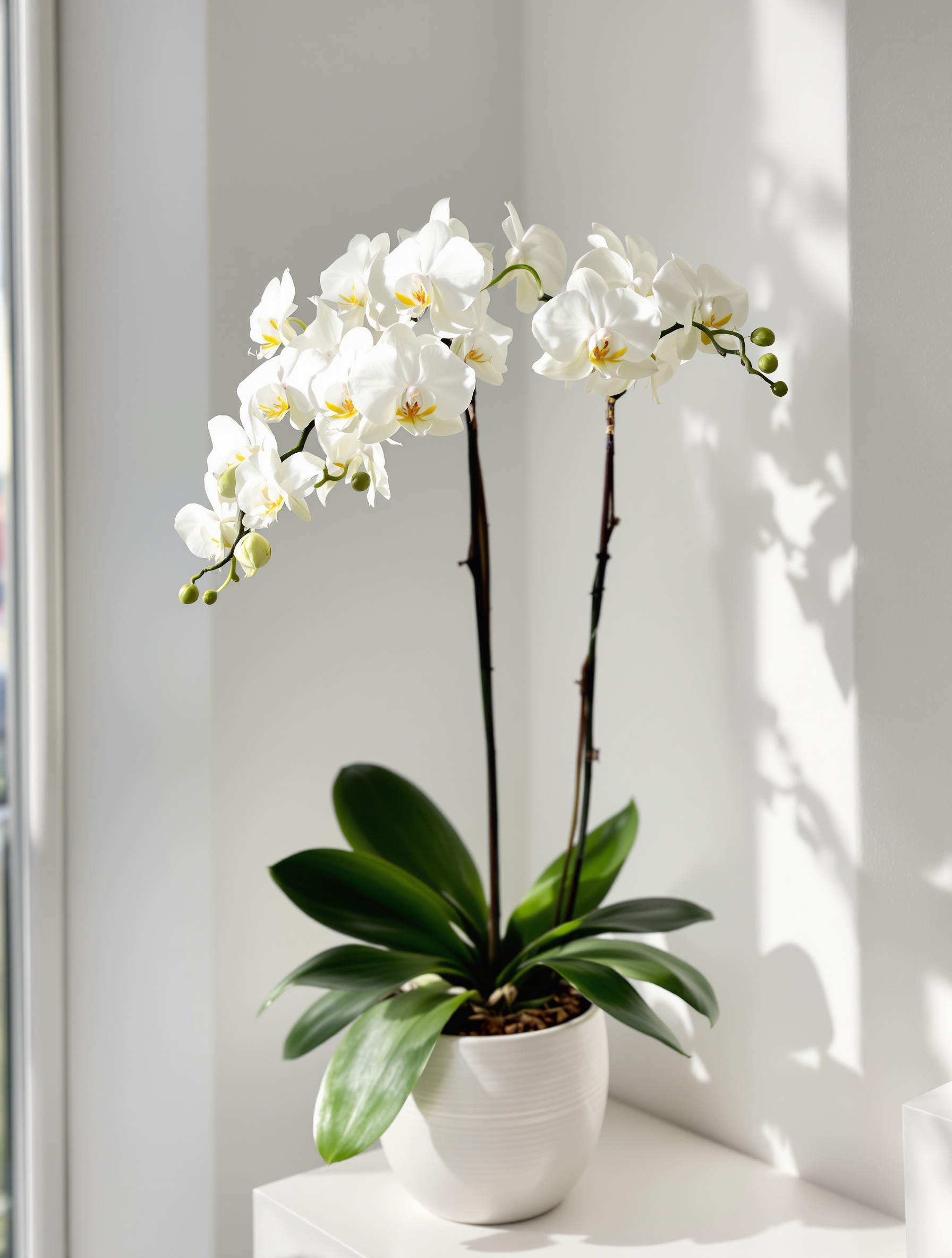 Orchidée Phalaenopsis blanche en pleine floraison dans un intérieur design et épuré